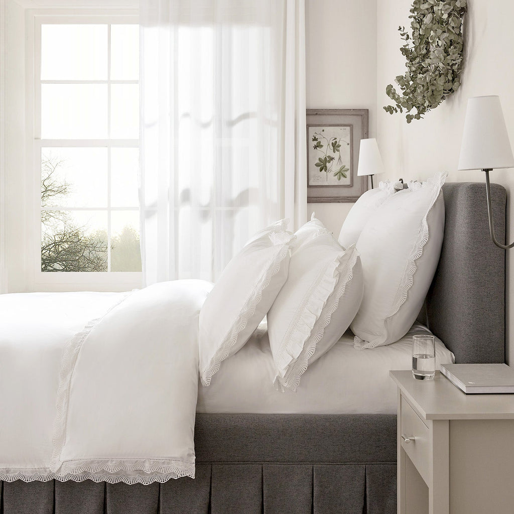 Castillo White Lace Quilted 300 Thread Count Cotton Percale Continental Square Pillowcases - Pair