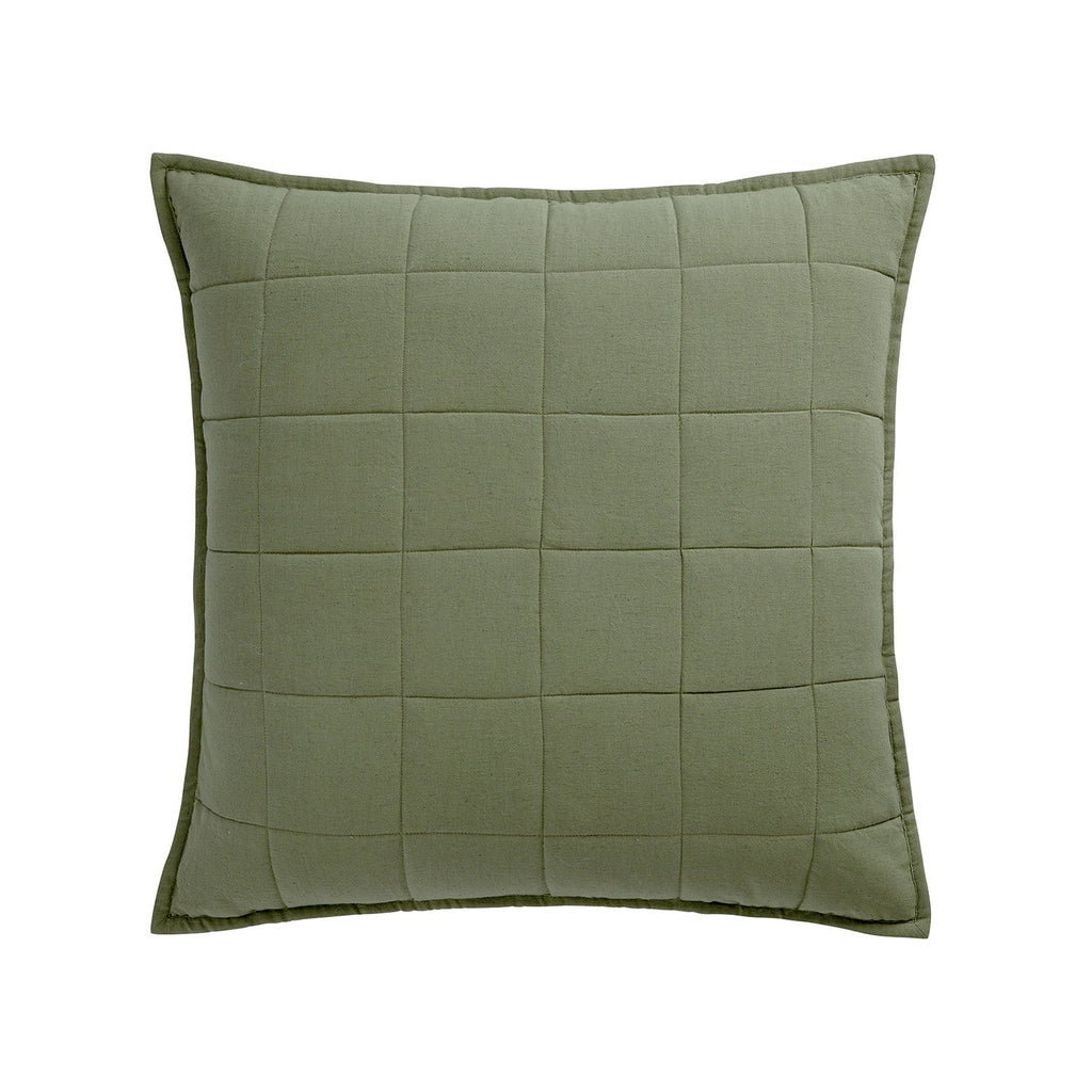 Darcy Floral Olive Green Quilted Reversible Linen Blend Continental Square Pillowcases - Pair