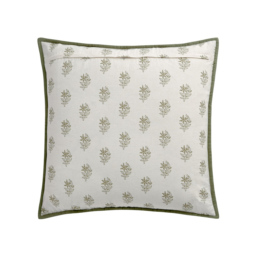 Darcy Floral Olive Green Quilted Reversible Linen Blend Continental Square Pillowcases - Pair
