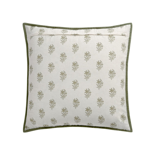 Darcy Floral Olive Green Quilted Reversible Linen Blend Continental Square Pillowcases - Pair