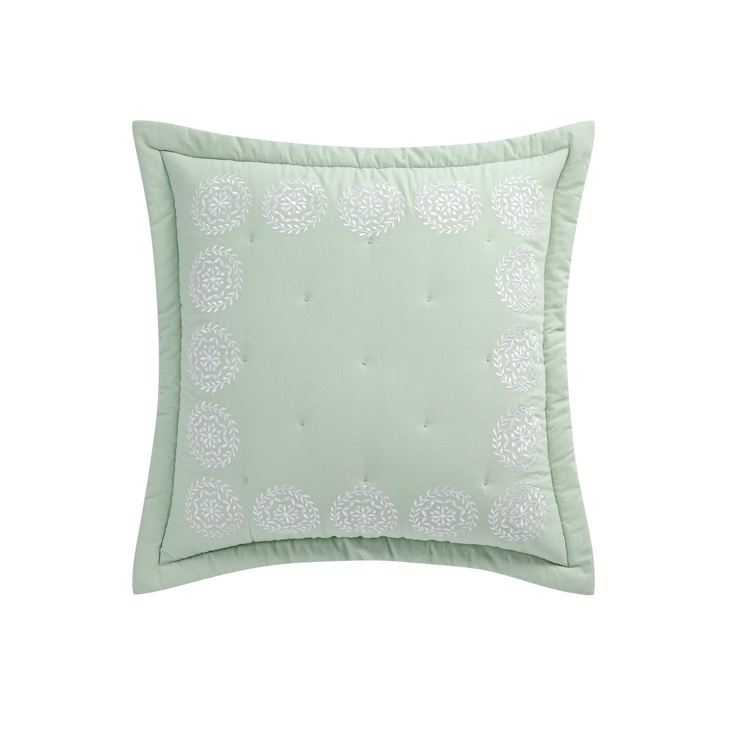 Elodie Seafoam Green Floral Embroidered Quilted Linen Blend Continental Square Pillowcases - Pair