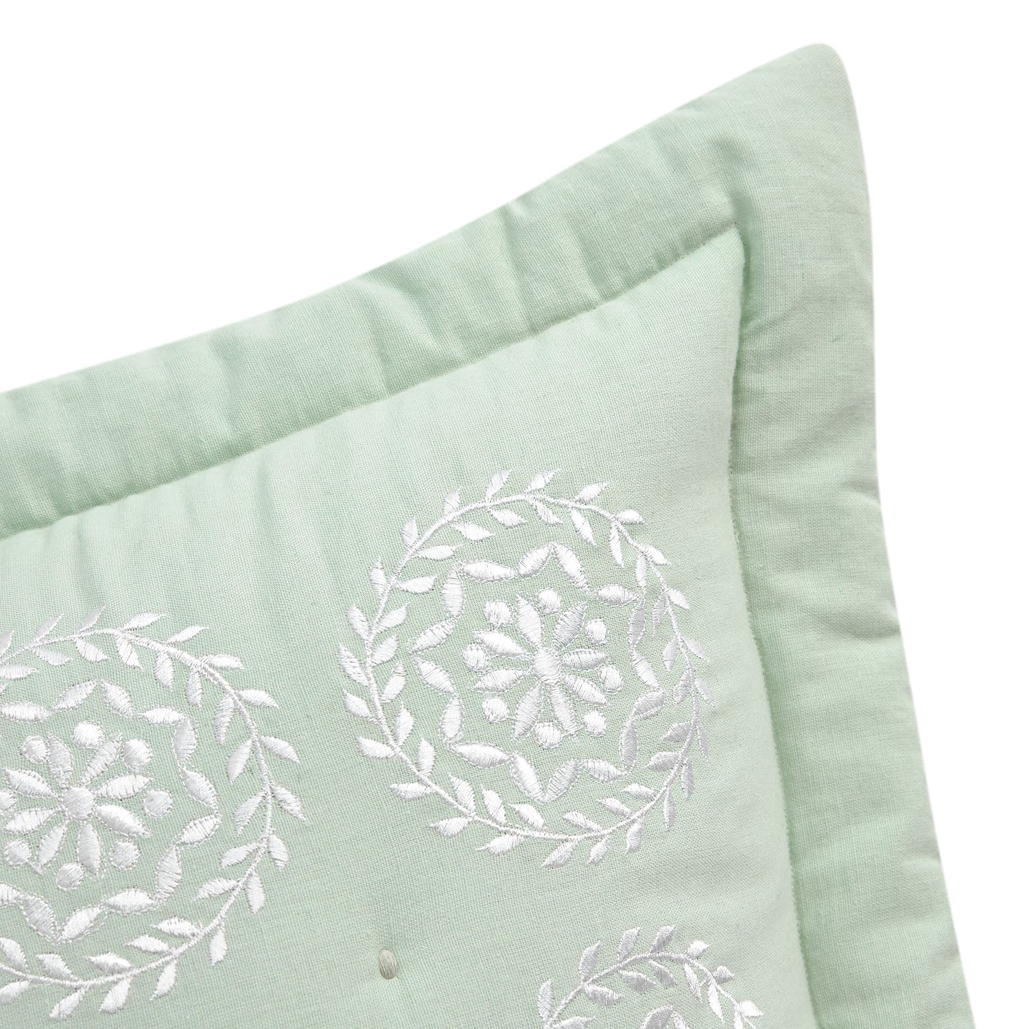 Elodie Seafoam Green Floral Embroidered Quilted Linen Blend Continental Square Pillowcases - Pair