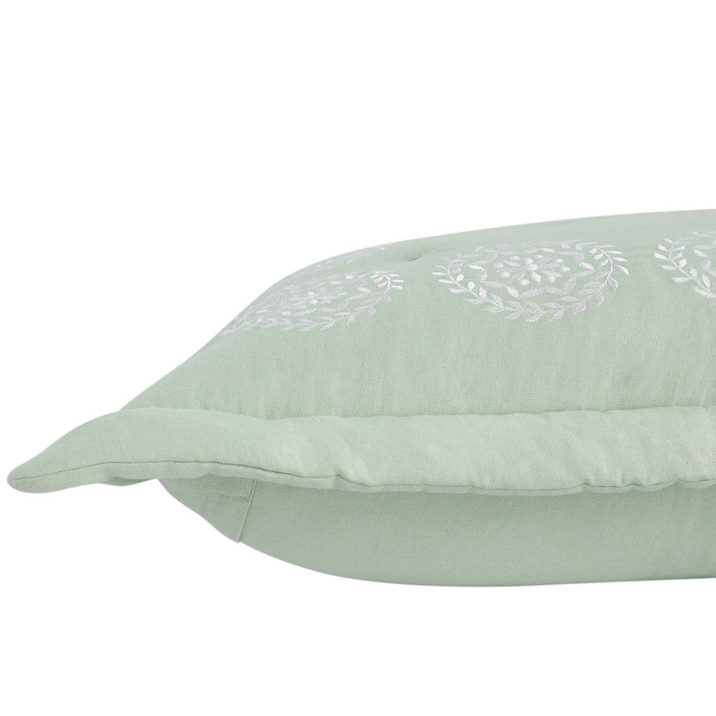 Elodie Seafoam Green Floral Embroidered Quilted Linen Blend Continental Square Pillowcases - Pair