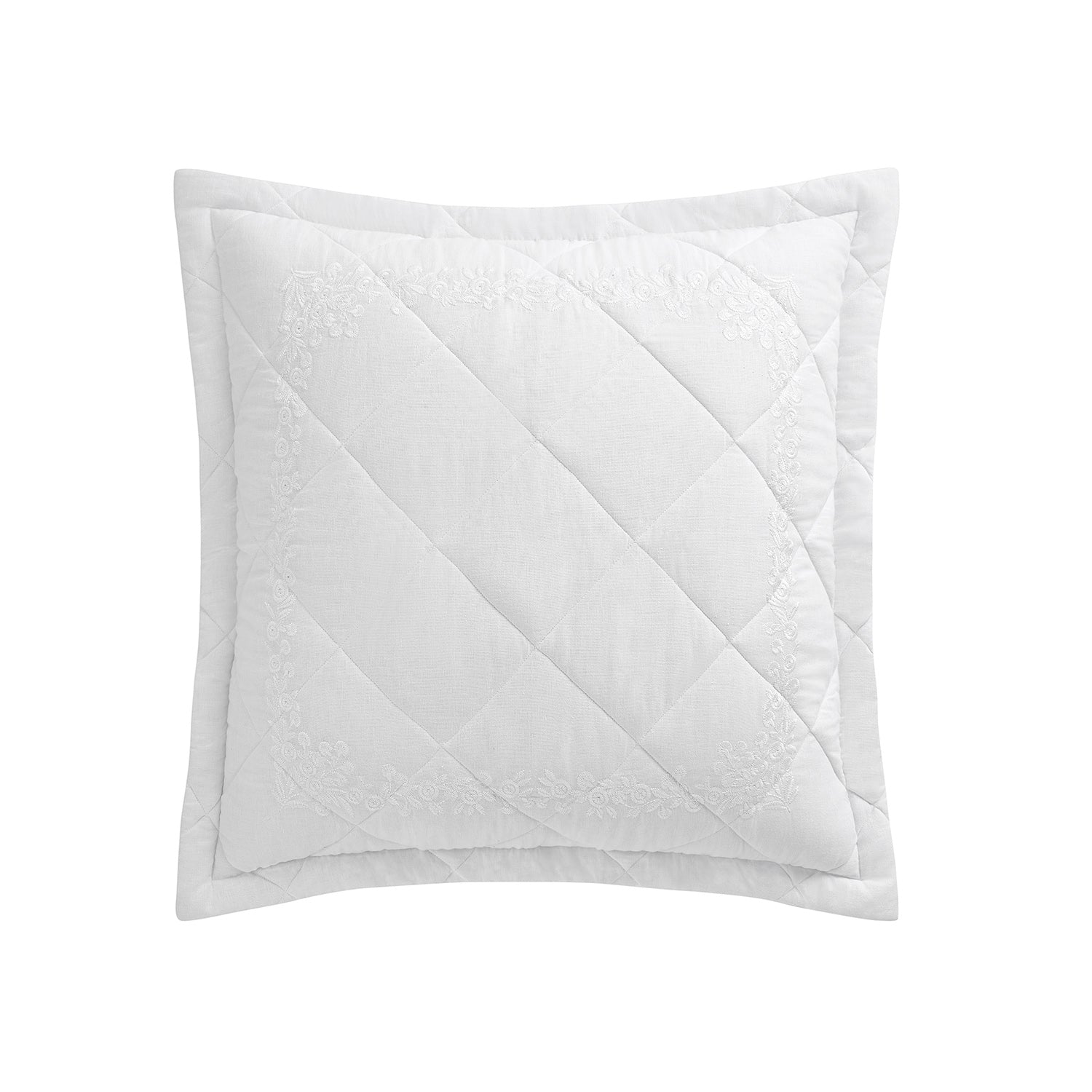 Esmeralda White Floral Embroidered Quilted Linen Blend Continental Square Pillowcases - Pair