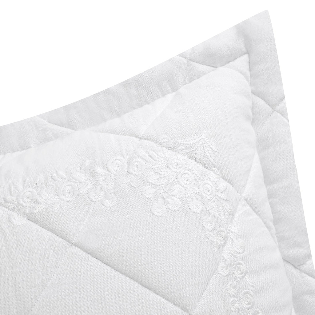 Esmeralda White Floral Embroidered Quilted Linen Blend Continental Square Pillowcases - Pair