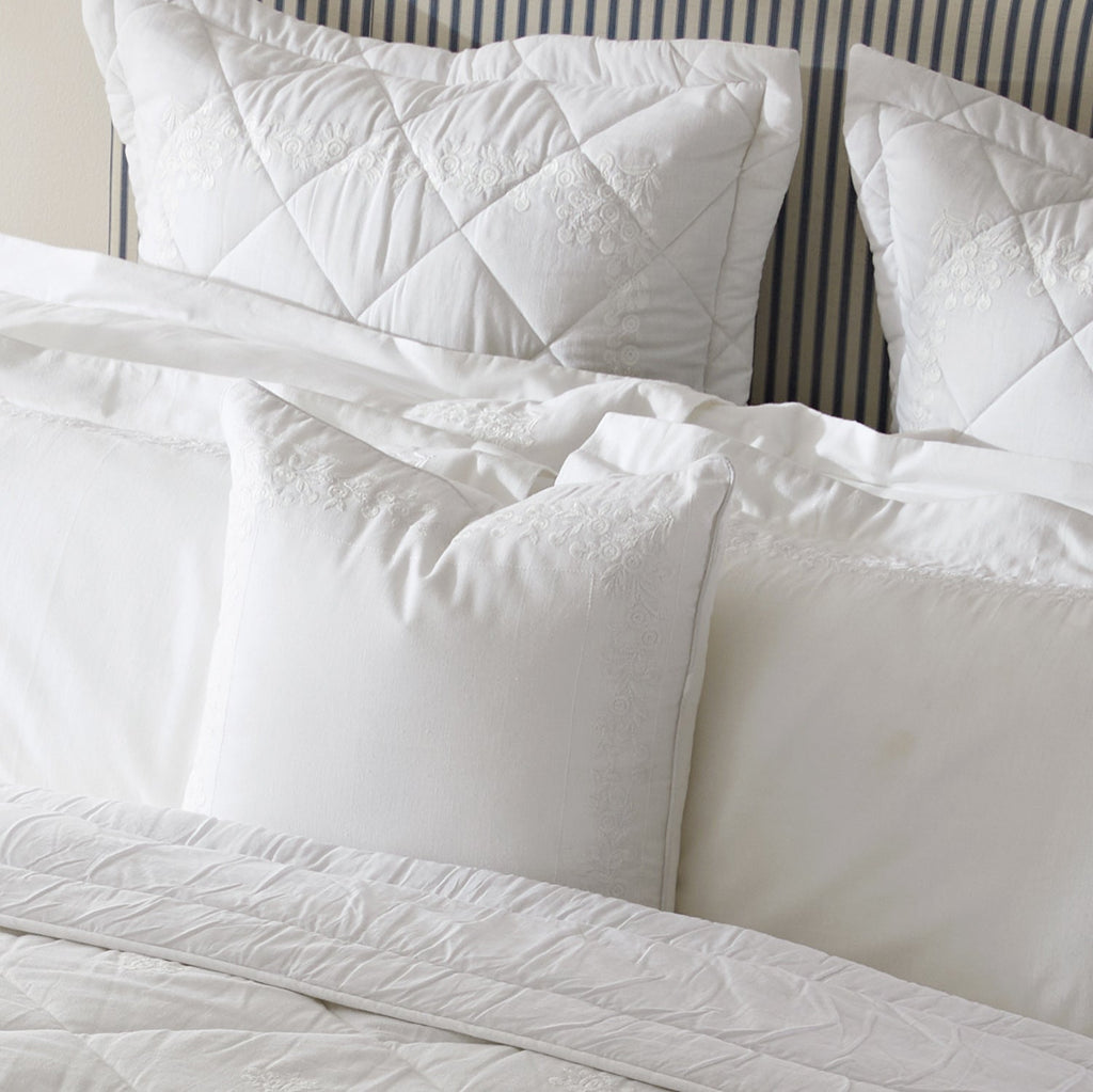 Esmeralda White Floral Embroidered Quilted Linen Blend Continental Square Pillowcases - Pair