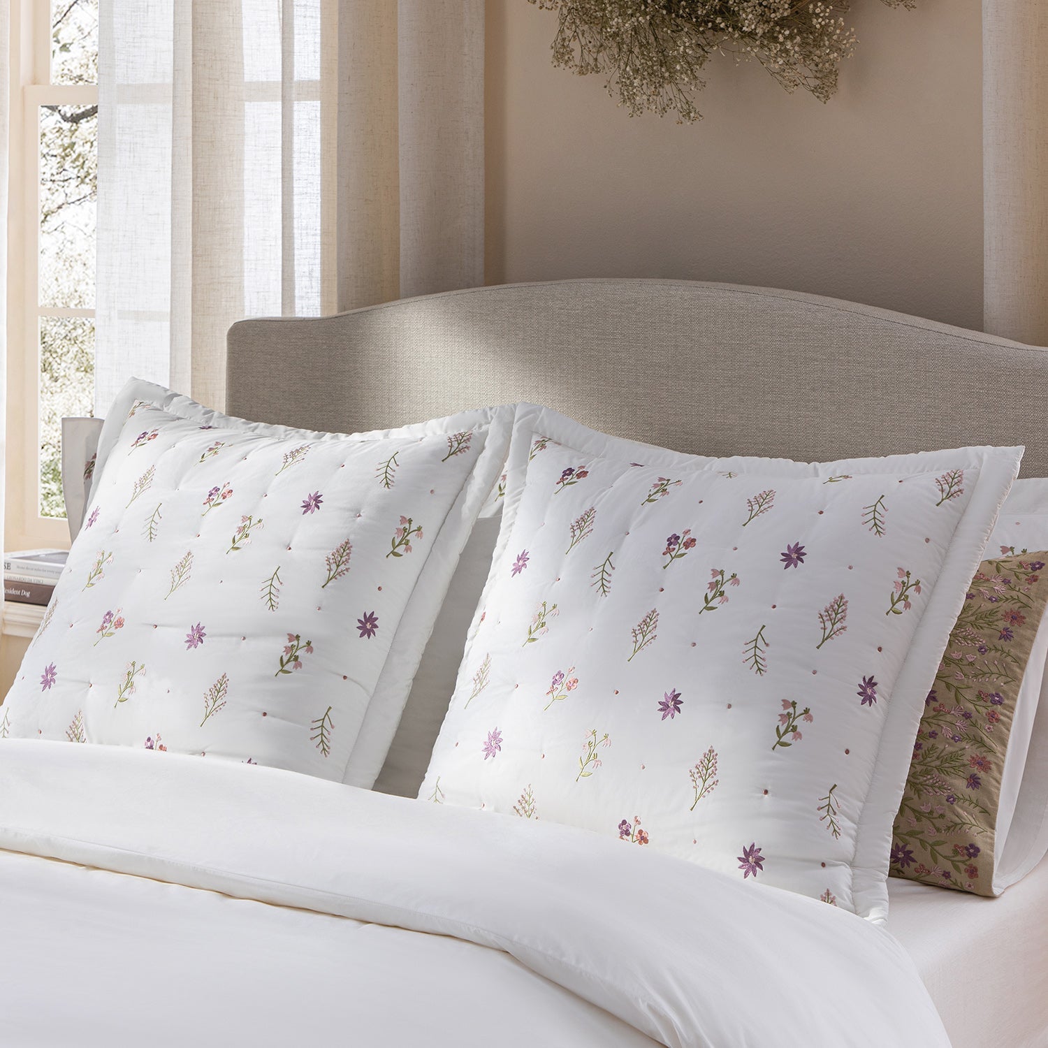 Evelyn Wildflower Embroidered 300 Thread Count Cotton Percale Continental Square Pillowcases - Pair