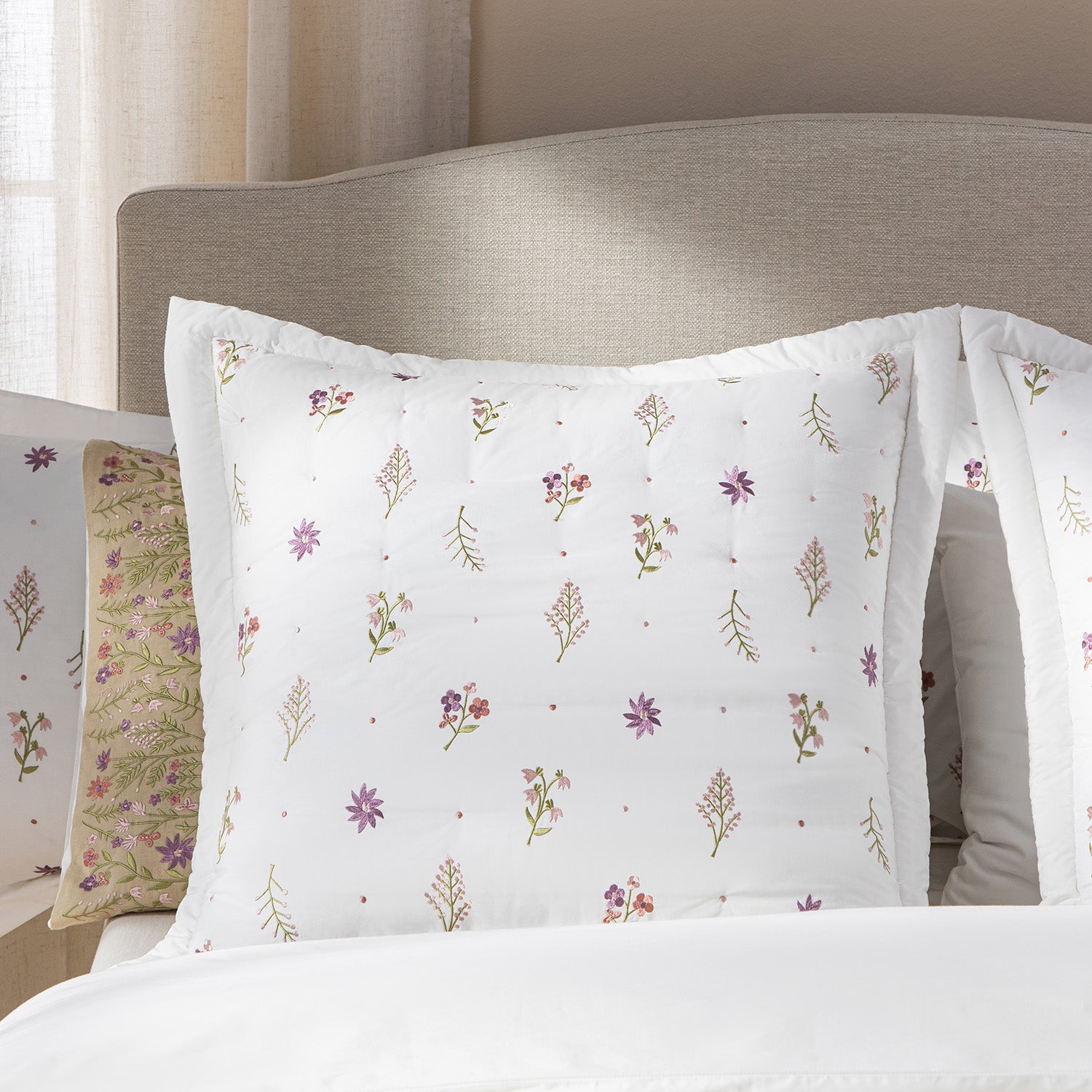 Evelyn Wildflower Embroidered 300 Thread Count Cotton Percale Continental Square Pillowcases - Pair