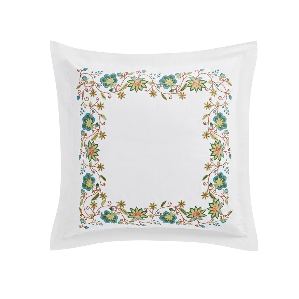Flora & Fauna White Jacobean Floral Embroidered 300 Thread Count Cotton Percale Continental Square Pillowcases - Pair