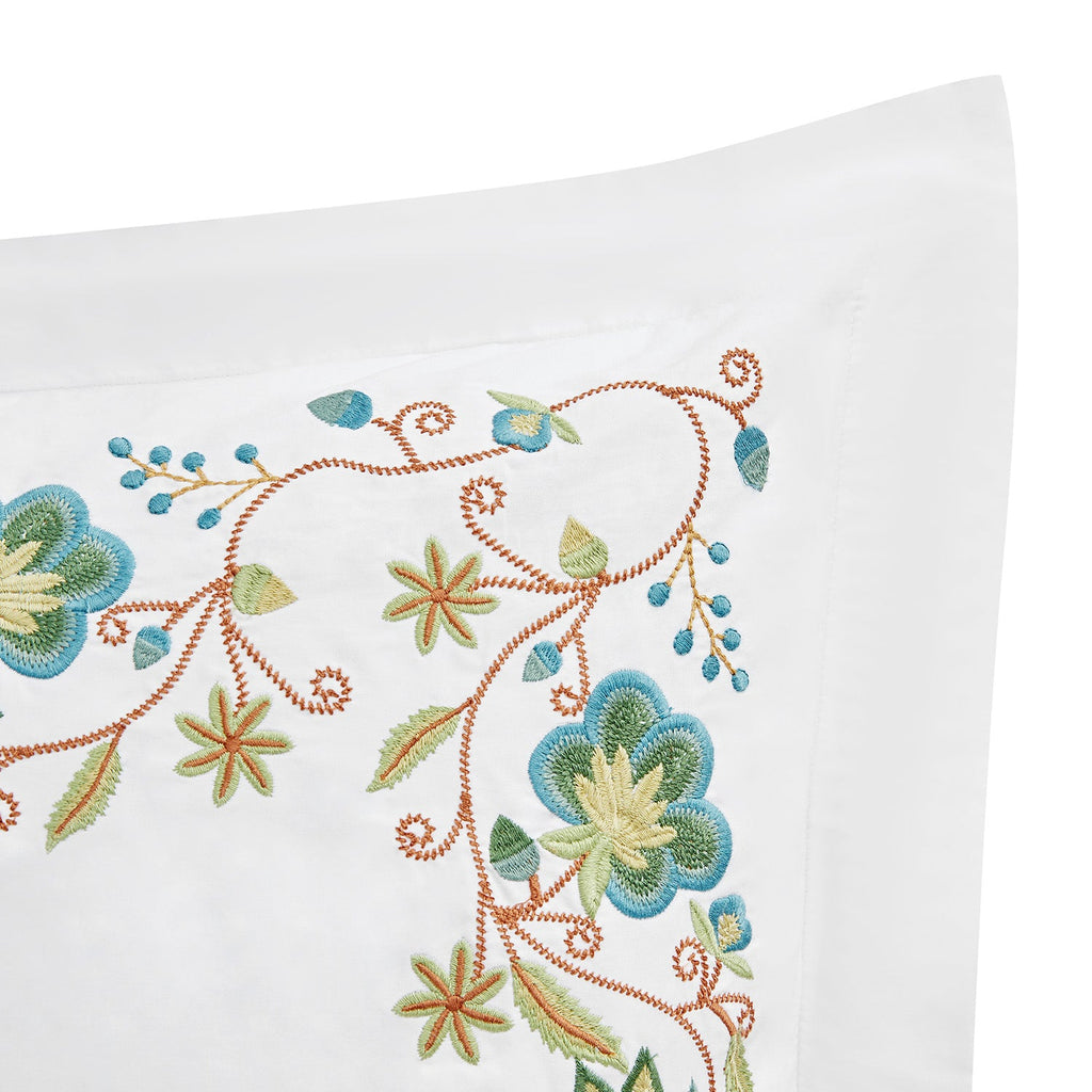 Flora & Fauna White Jacobean Floral Embroidered 300 Thread Count Cotton Percale Continental Square Pillowcases - Pair