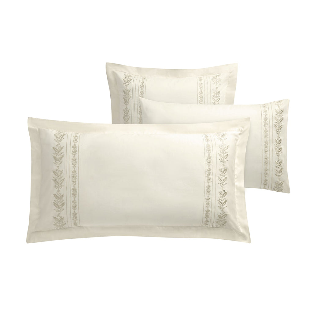 Gabrielle Ivory Leaf Embroidered 600 Thread Count Cotton Sateen Continental Square Pillowcases - Pair