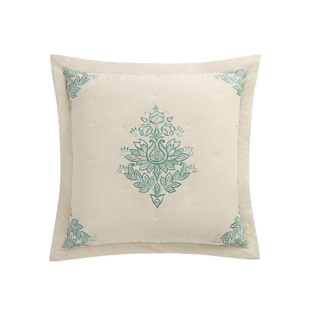 Isadora Teal Damask Embroidered Quilted Linen Blend Continental Square Pillowcases - Pair