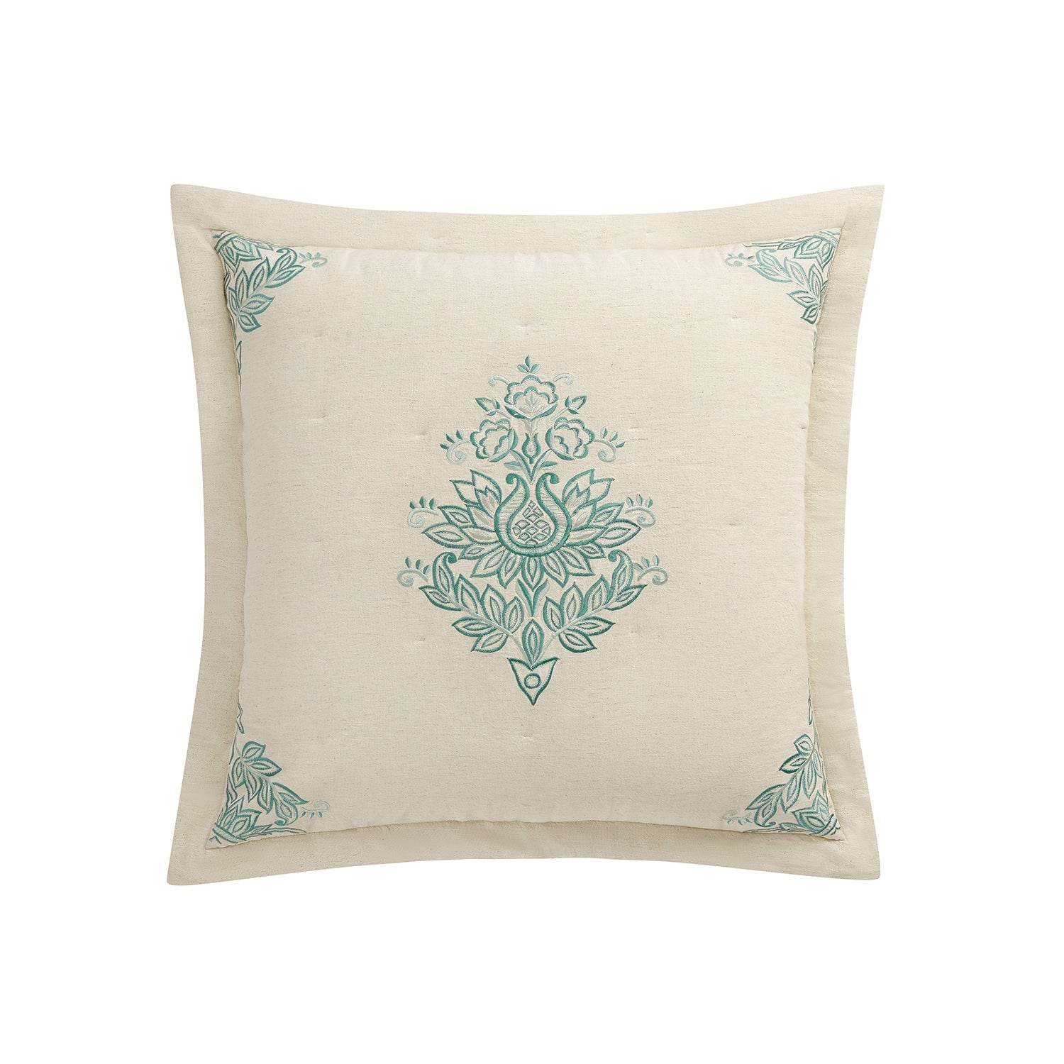 Isadora Teal Damask Embroidered Quilted Linen Blend Continental Square Pillowcases - Pair
