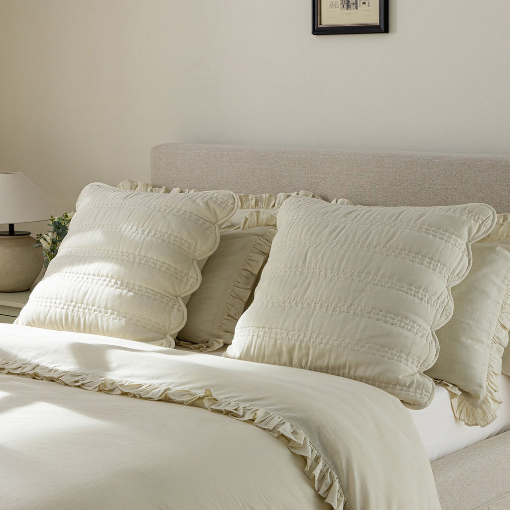 Matilda Cream Scallop Quilted Linen Blend Continental Square Pillowcases - Pair
