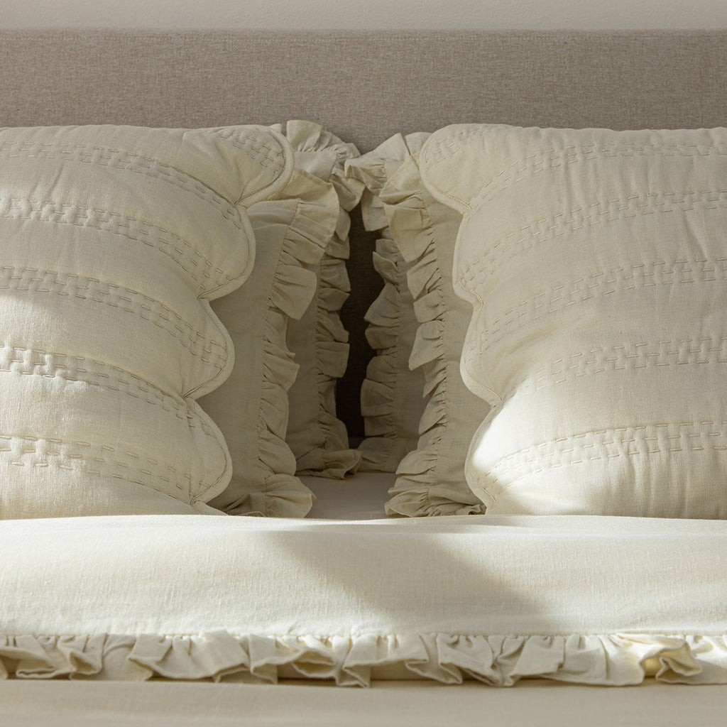 Matilda Cream Scallop Quilted Linen Blend Continental Square Pillowcases - Pair