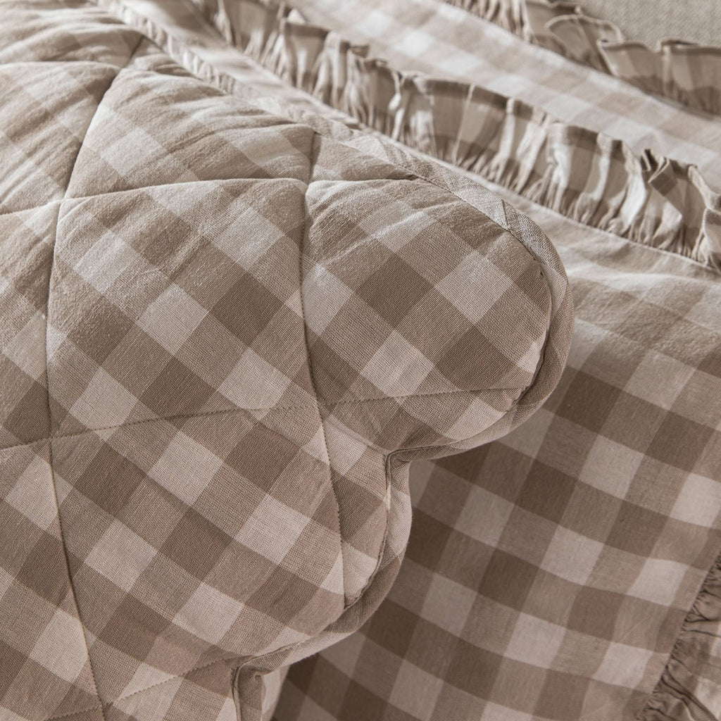 Matilda Beige Gingham Scallop Quilted Linen Blend Continental Square Pillowcases - Pair