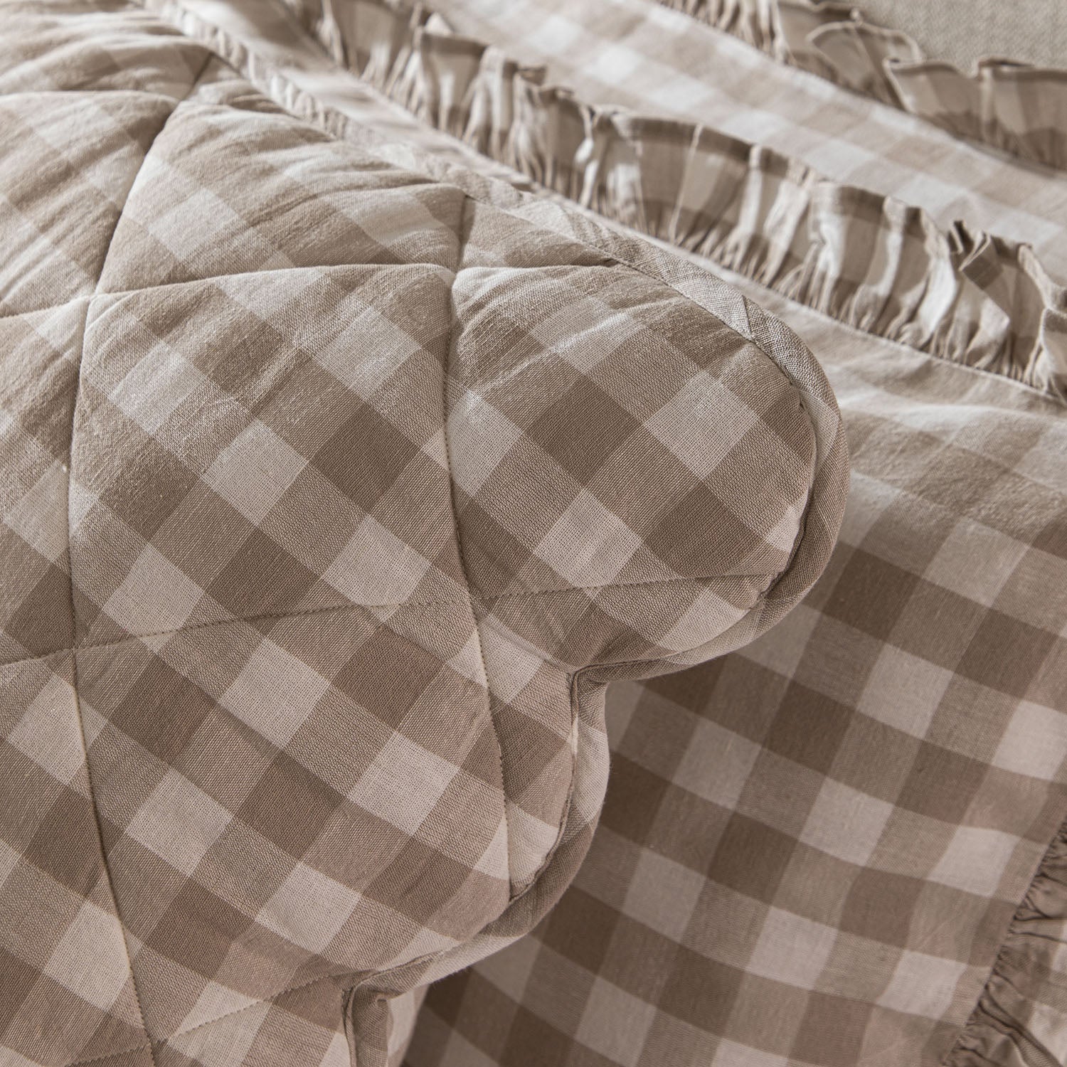 Matilda Beige Gingham Scallop Quilted Linen Blend Continental Square Pillowcases - Pair