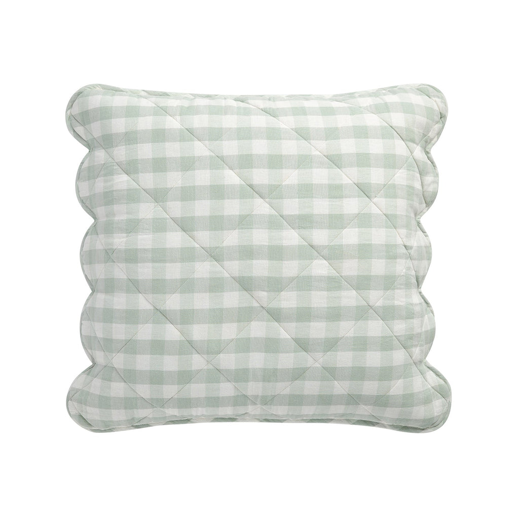 Matilda Sage Green Gingham Scallop Quilted Linen Blend Continental Square Pillowcases - Pair