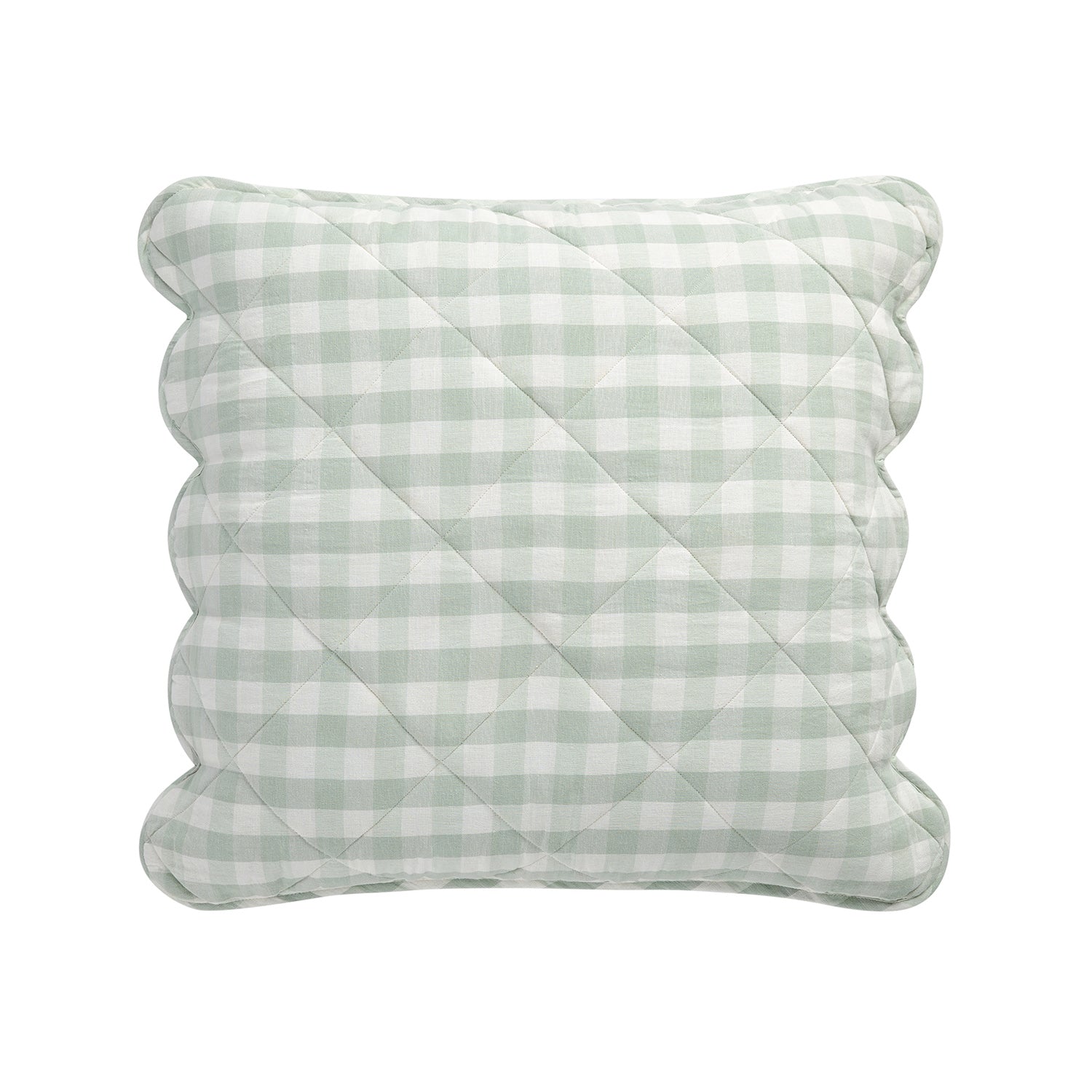 Matilda Sage Green Gingham Scallop Quilted Linen Blend Continental Square Pillowcases - Pair