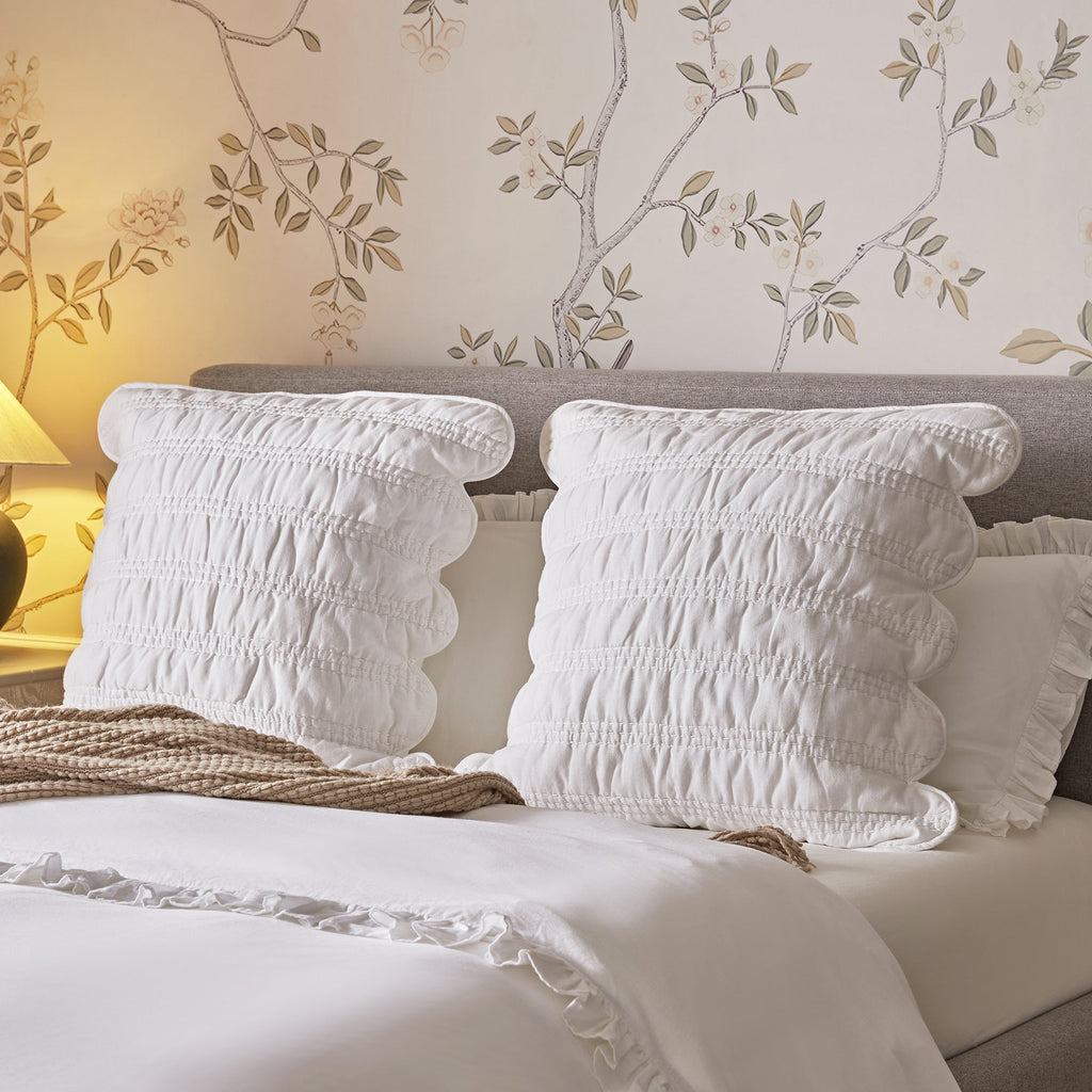 Matilda White Scallop Quilted Linen Blend Continental Square Pillowcases - Pair