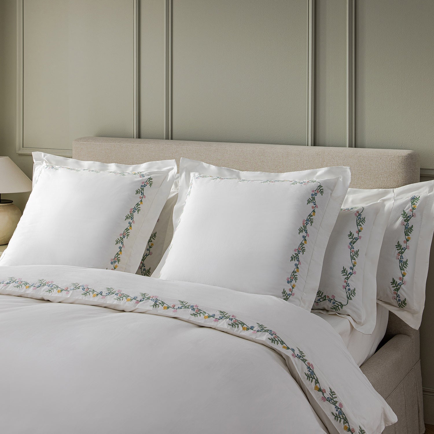 Meadow White Floral Embroidered 300 Thread Count Cotton Percale Continental Square Pillowcases - Pair