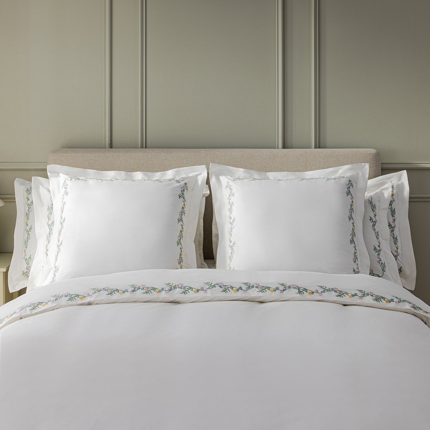 Meadow White Floral Embroidered 300 Thread Count Cotton Percale Continental Square Pillowcases - Pair