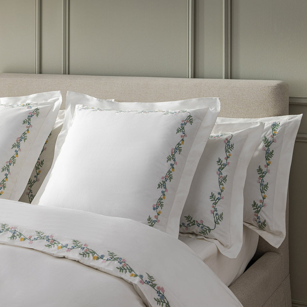 Meadow White Floral Embroidered 300 Thread Count Cotton Percale Continental Square Pillowcases - Pair