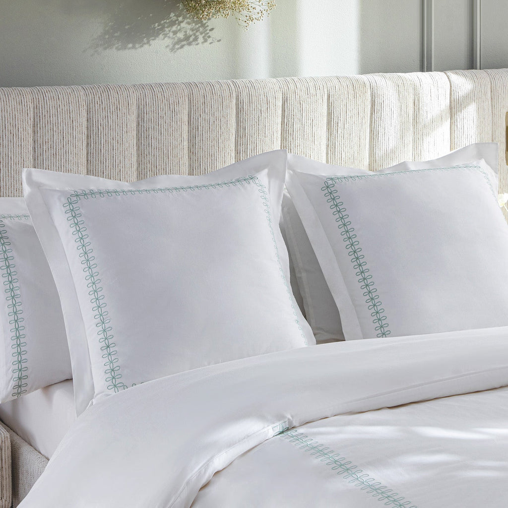 Milano Sea Spray Green Knot Embroidered 600 Thread Count Cotton Sateen Continental Square Pillowcases - Pair