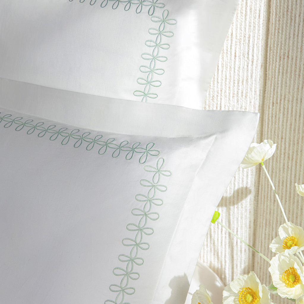 Milano Sea Spray Green Knot Embroidered 600 Thread Count Cotton Sateen Continental Square Pillowcases - Pair
