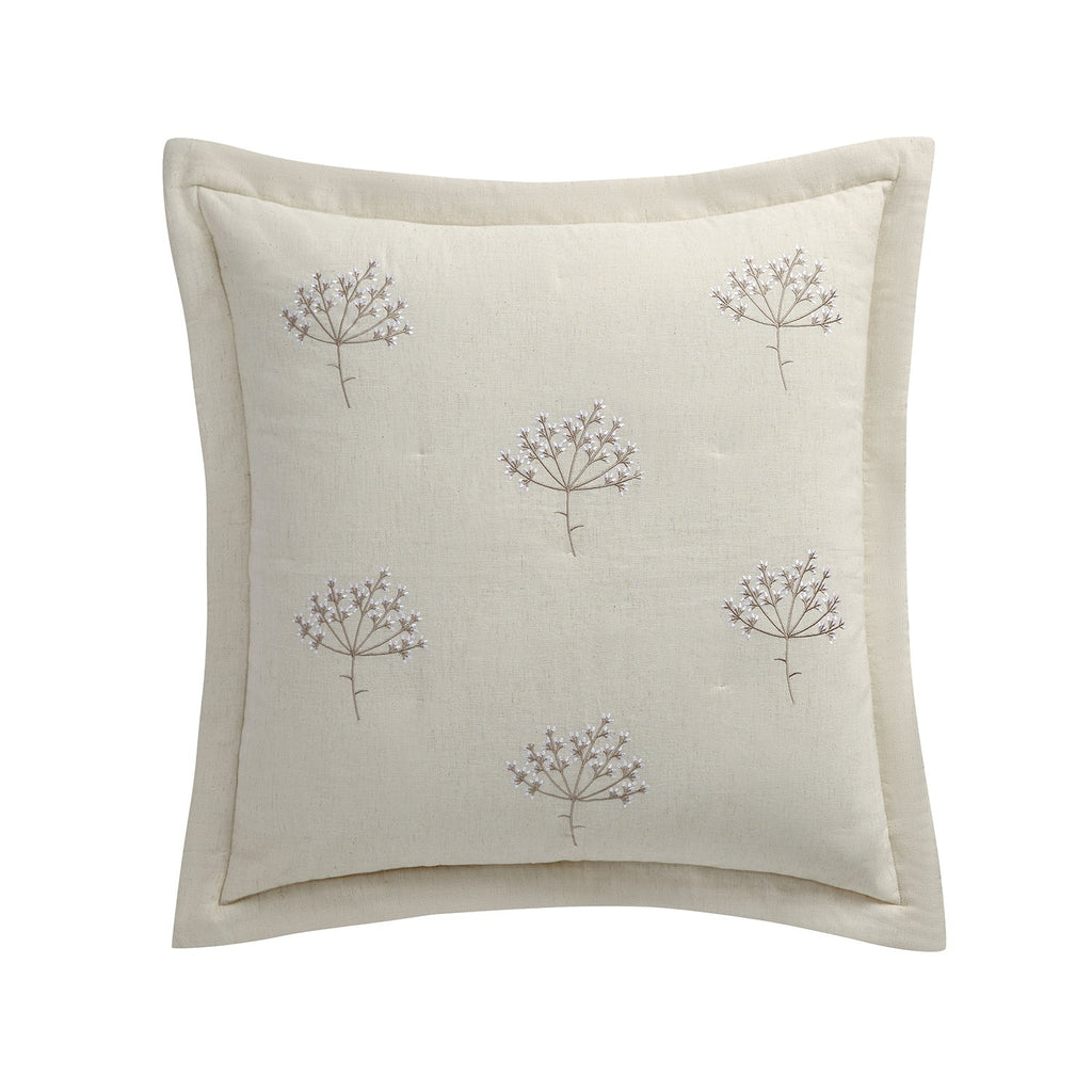 Meadow Cream Sprig Embroidered Quilted Linen Blend Continental Square Pillowcases - Pair