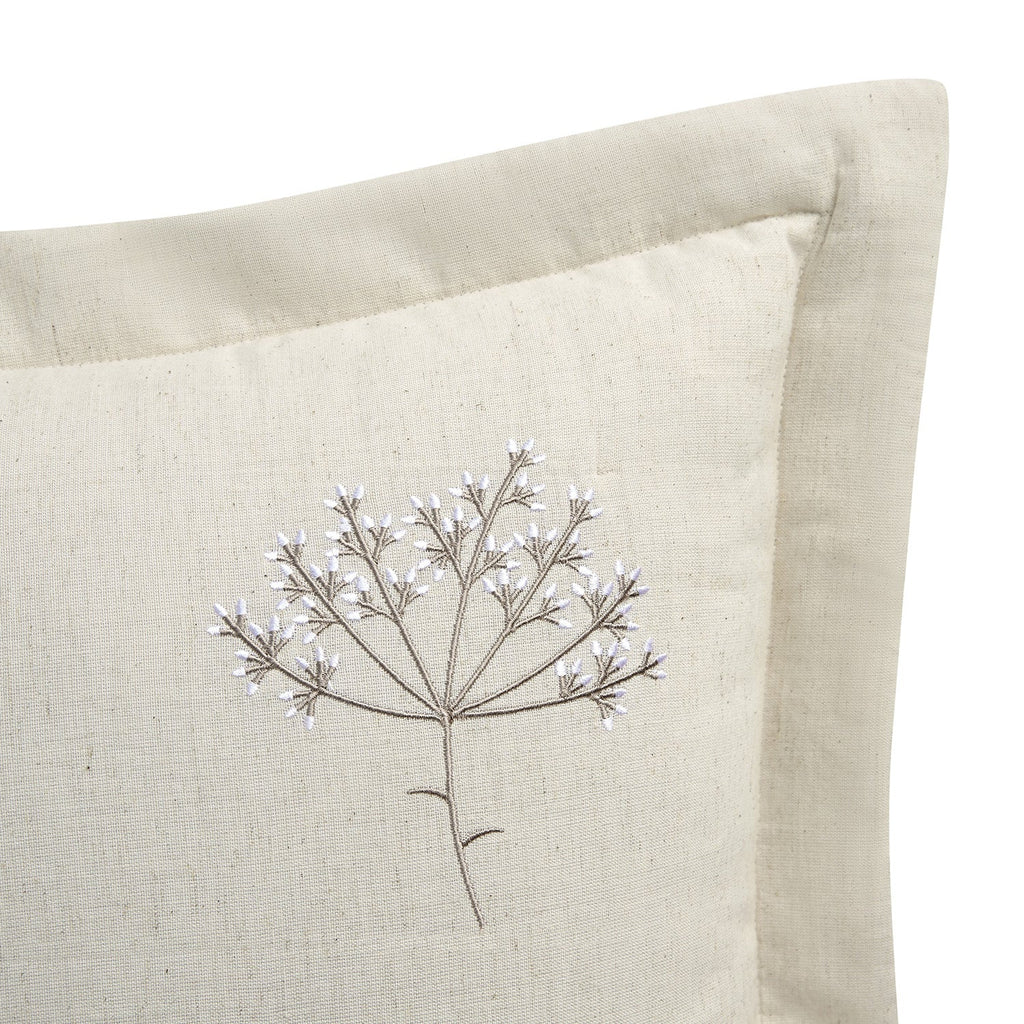 Meadow Cream Sprig Embroidered Quilted Linen Blend Continental Square Pillowcases - Pair