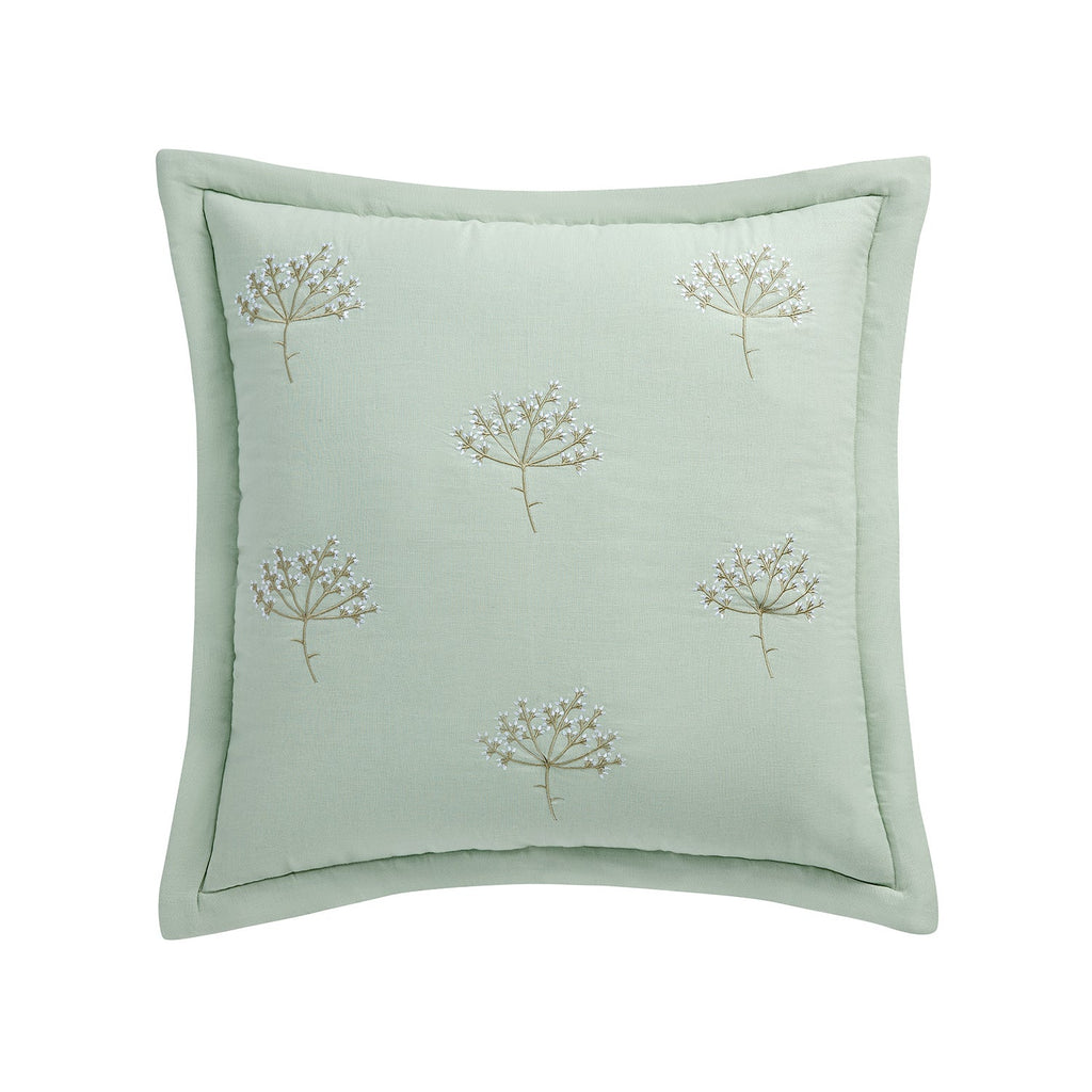 Meadow Seafoam Green Sprig Embroidered Quilted Linen Blend Continental Square Pillowcases - Pair