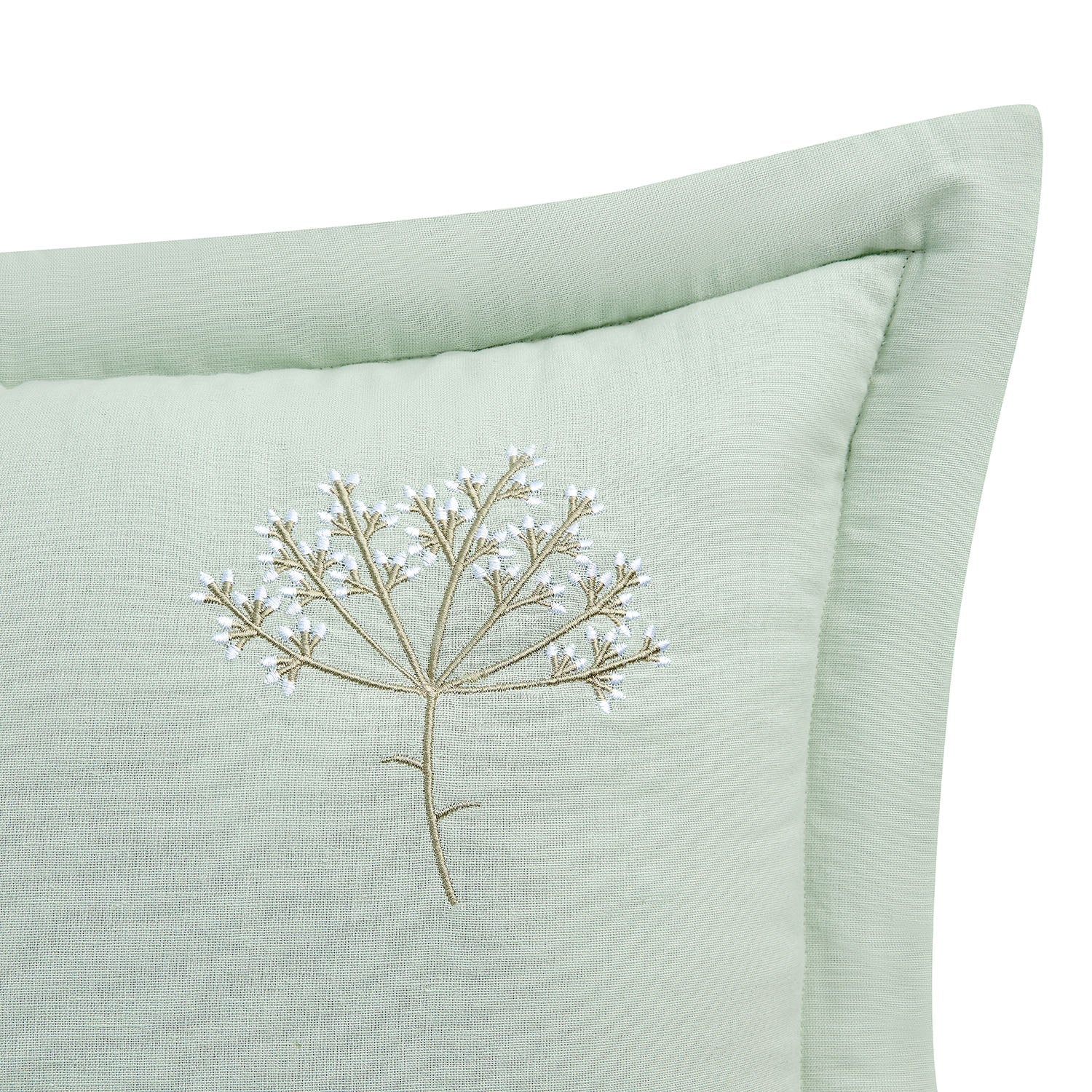 Meadow Seafoam Green Sprig Embroidered Quilted Linen Blend Continental Square Pillowcases - Pair