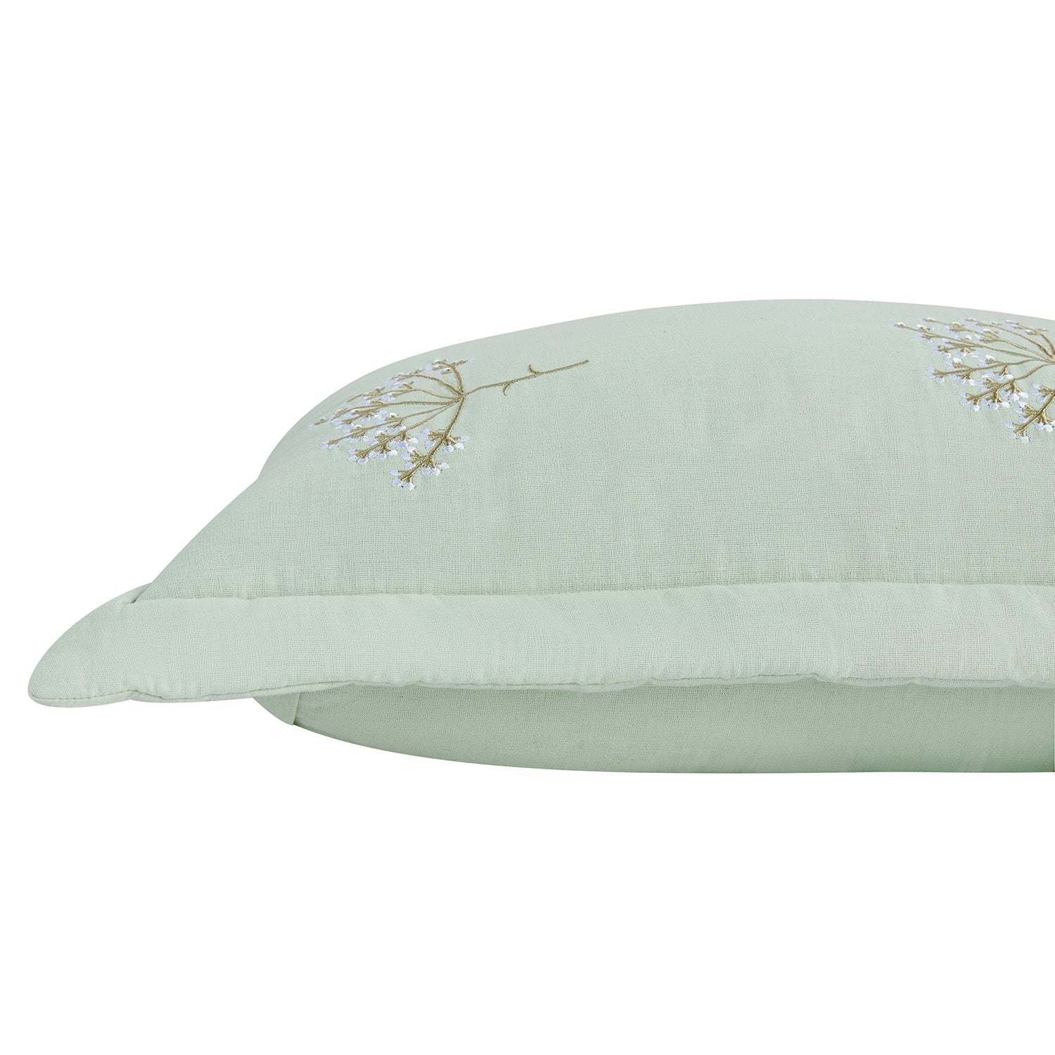Meadow Seafoam Green Sprig Embroidered Quilted Linen Blend Continental Square Pillowcases - Pair