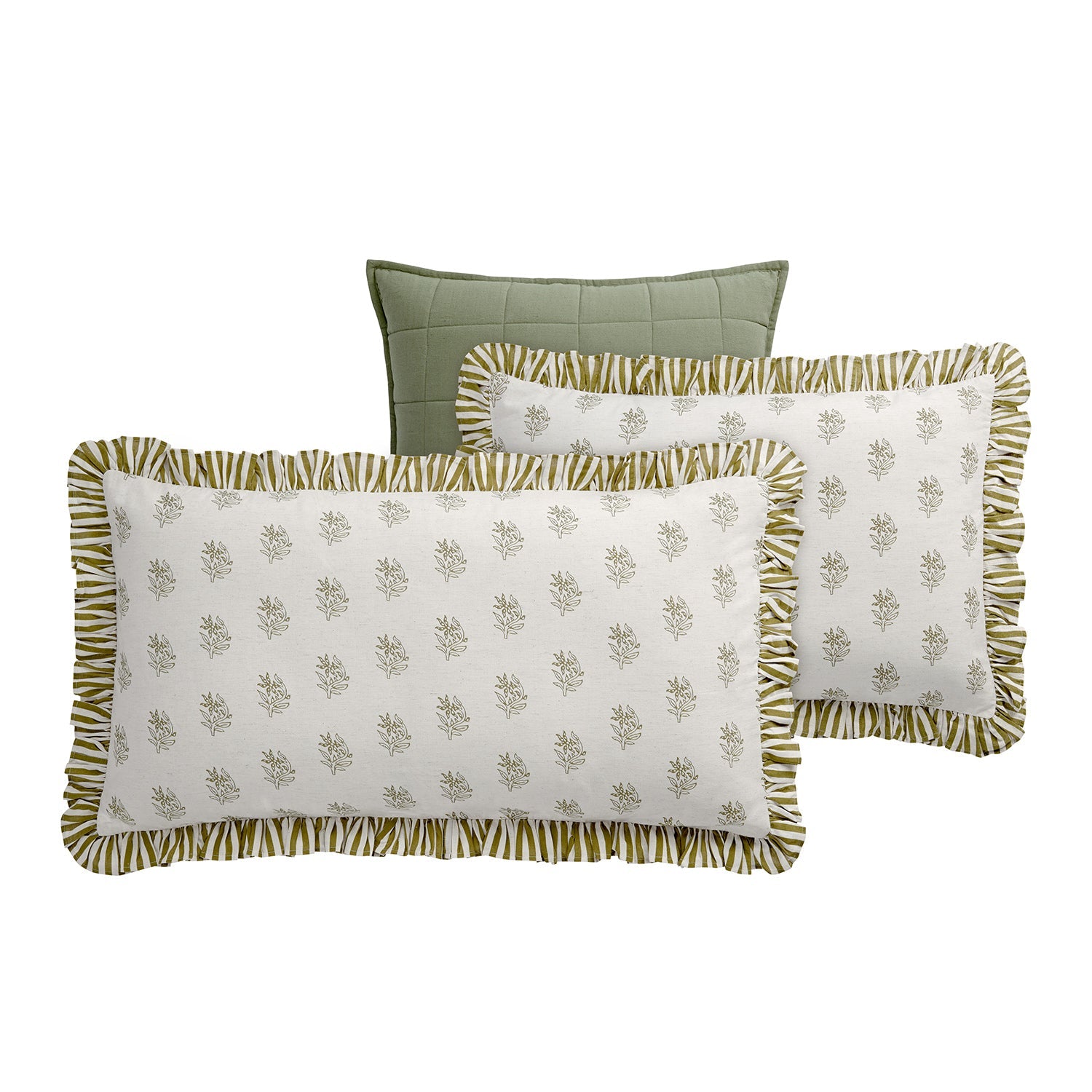 Darcy Floral Olive Green Ruffle Linen Blend Pillowcases - Pair