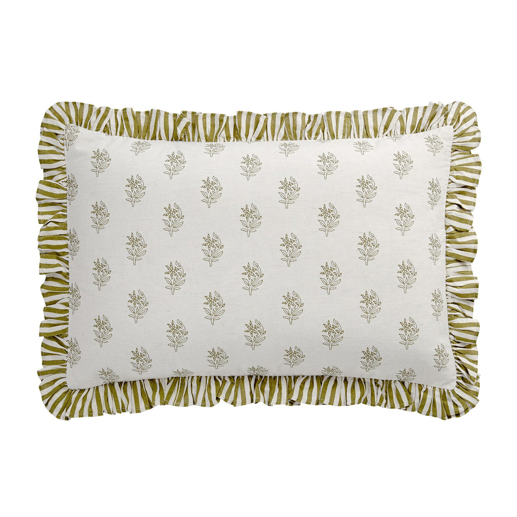 Darcy Floral Olive Green Ruffle Linen Blend Pillowcases - Pair