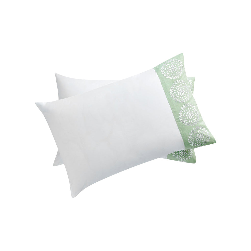 Elodie White & Seafoam Green Floral Embroidered 300 Thread Count Cotton Percale Regular Pillowcases - Pair