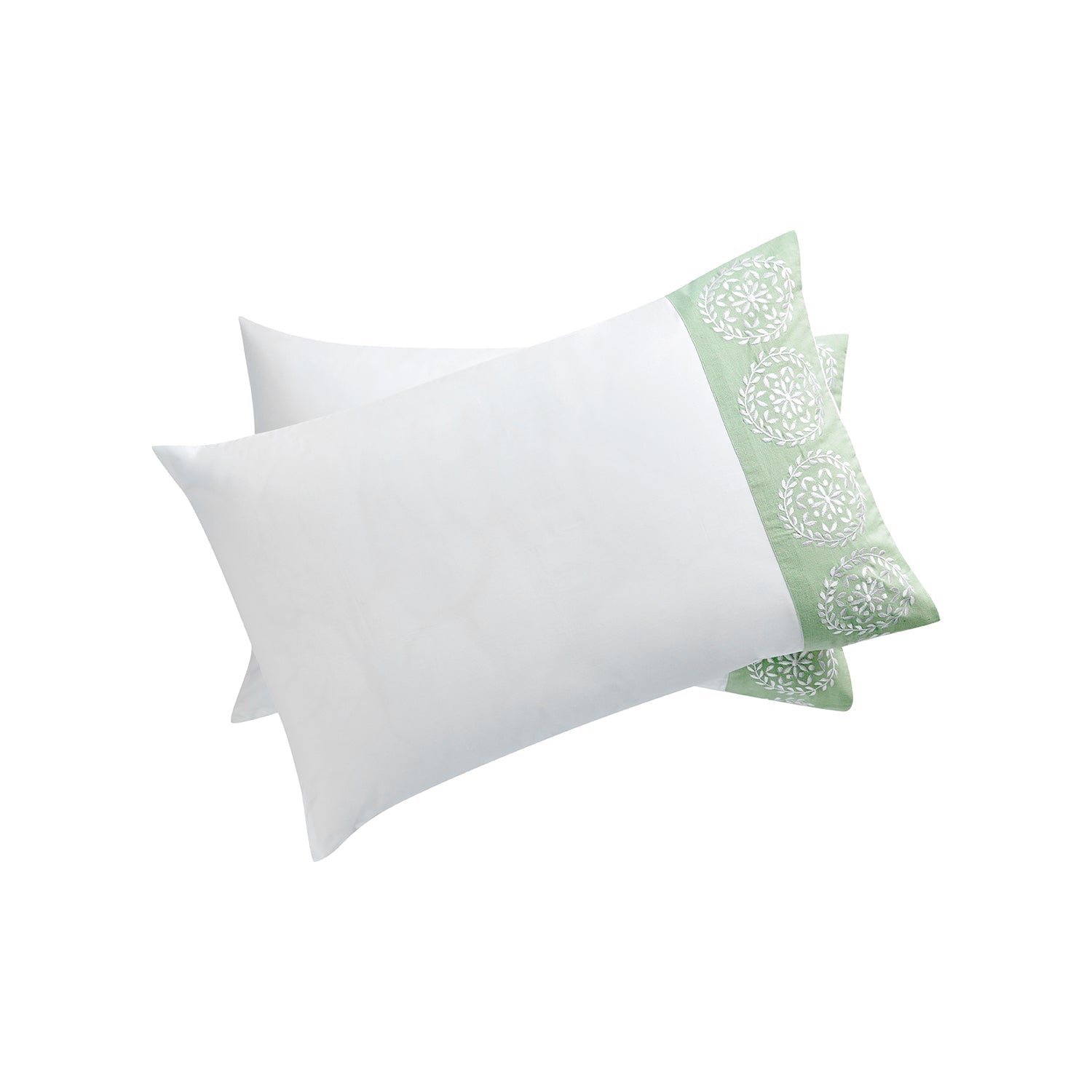 Elodie White & Seafoam Green Floral Embroidered 300 Thread Count Cotton Percale Regular Pillowcases - Pair
