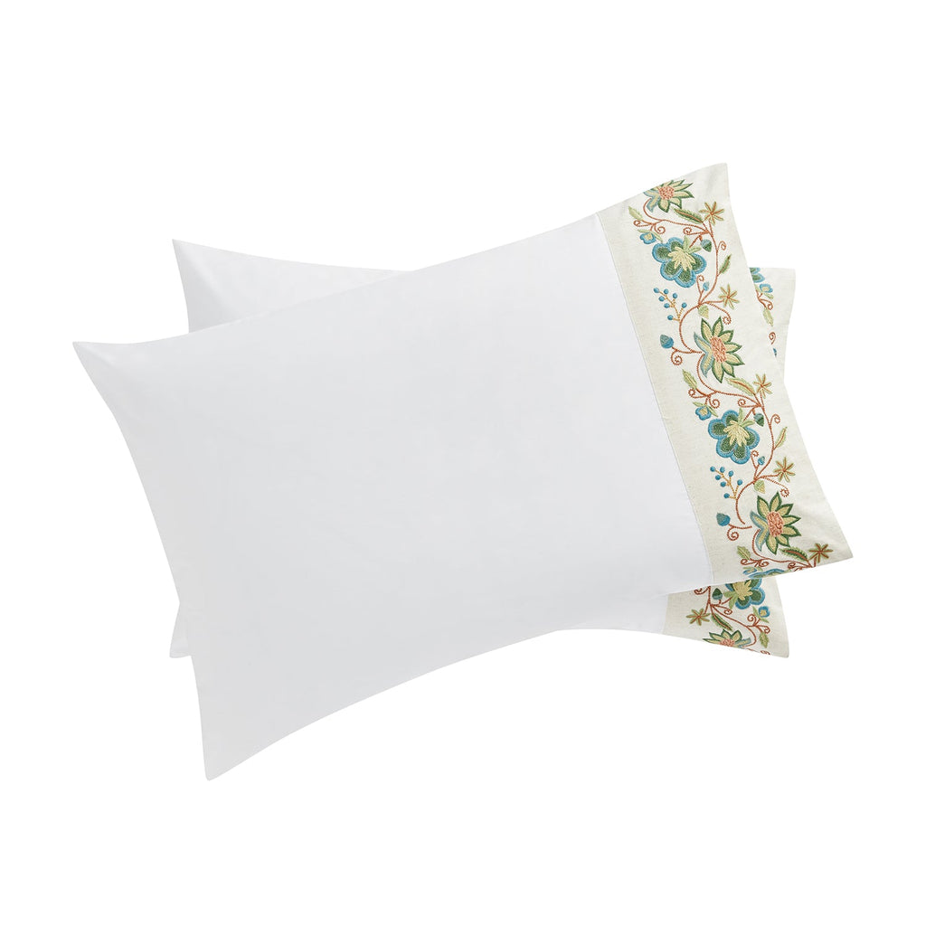 Flora & Fauna White Jacobean Floral Embroidered 300 Thread Count Cotton Percale Regular Pillowcases - Pair