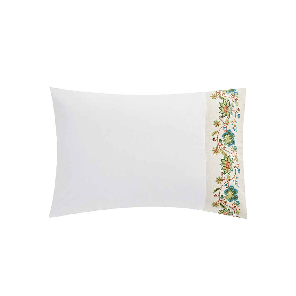 Flora & Fauna White Jacobean Floral Embroidered 300 Thread Count Cotton Percale Regular Pillowcases - Pair