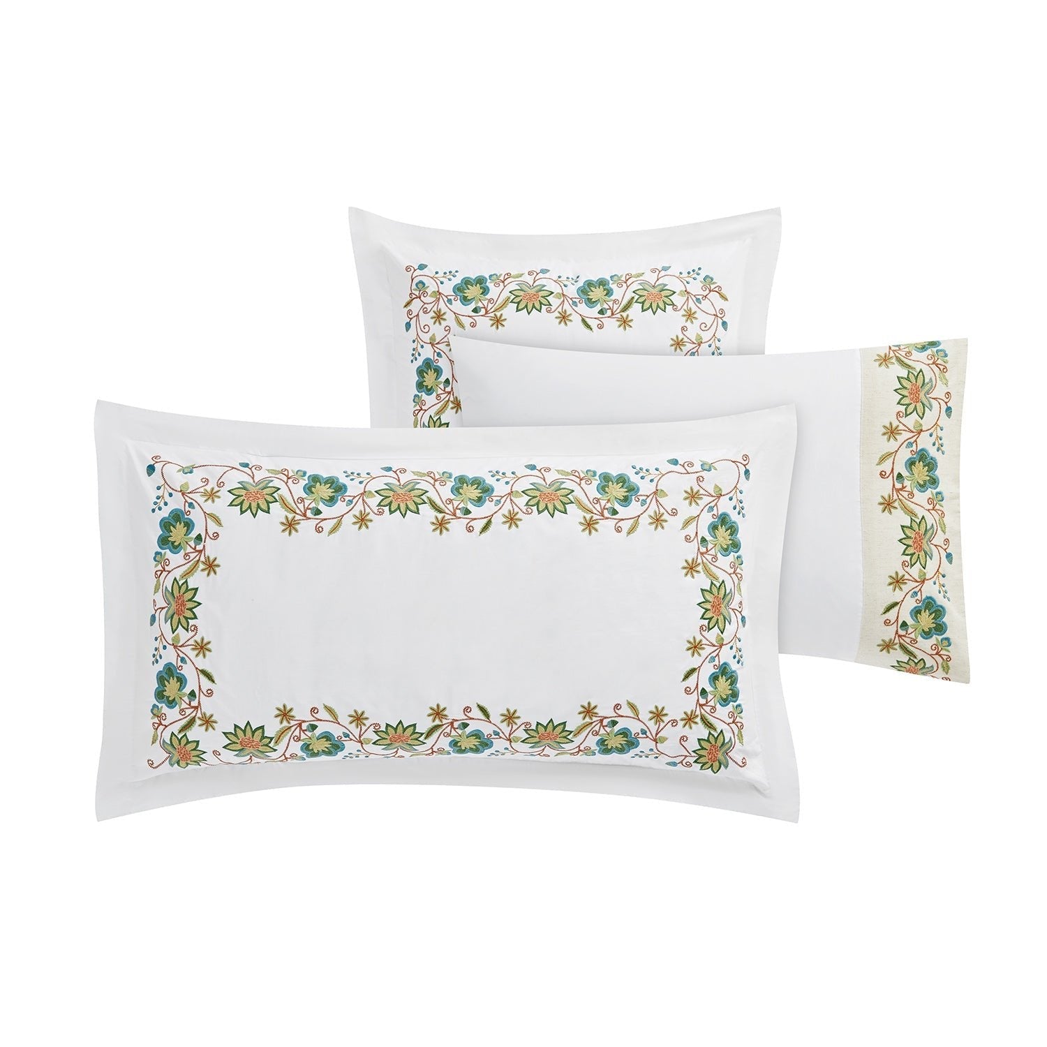 Flora & Fauna White Jacobean Floral Embroidered 300 Thread Count Cotton Percale Regular Pillowcases - Pair