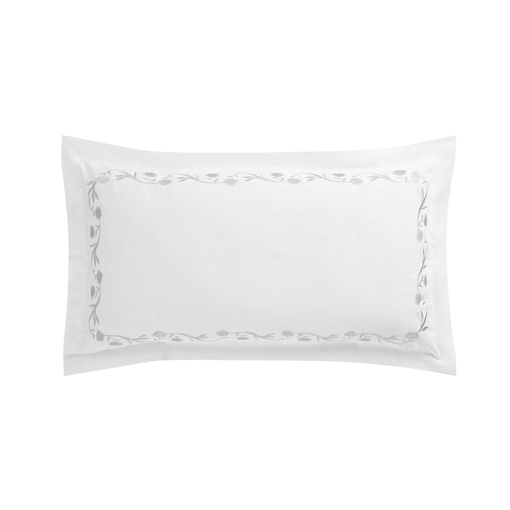 Adeline Moonshine Grey Floral Embroidered 600 Thread Count Cotton Sateen King Size Oxford Pillowcases - Pair