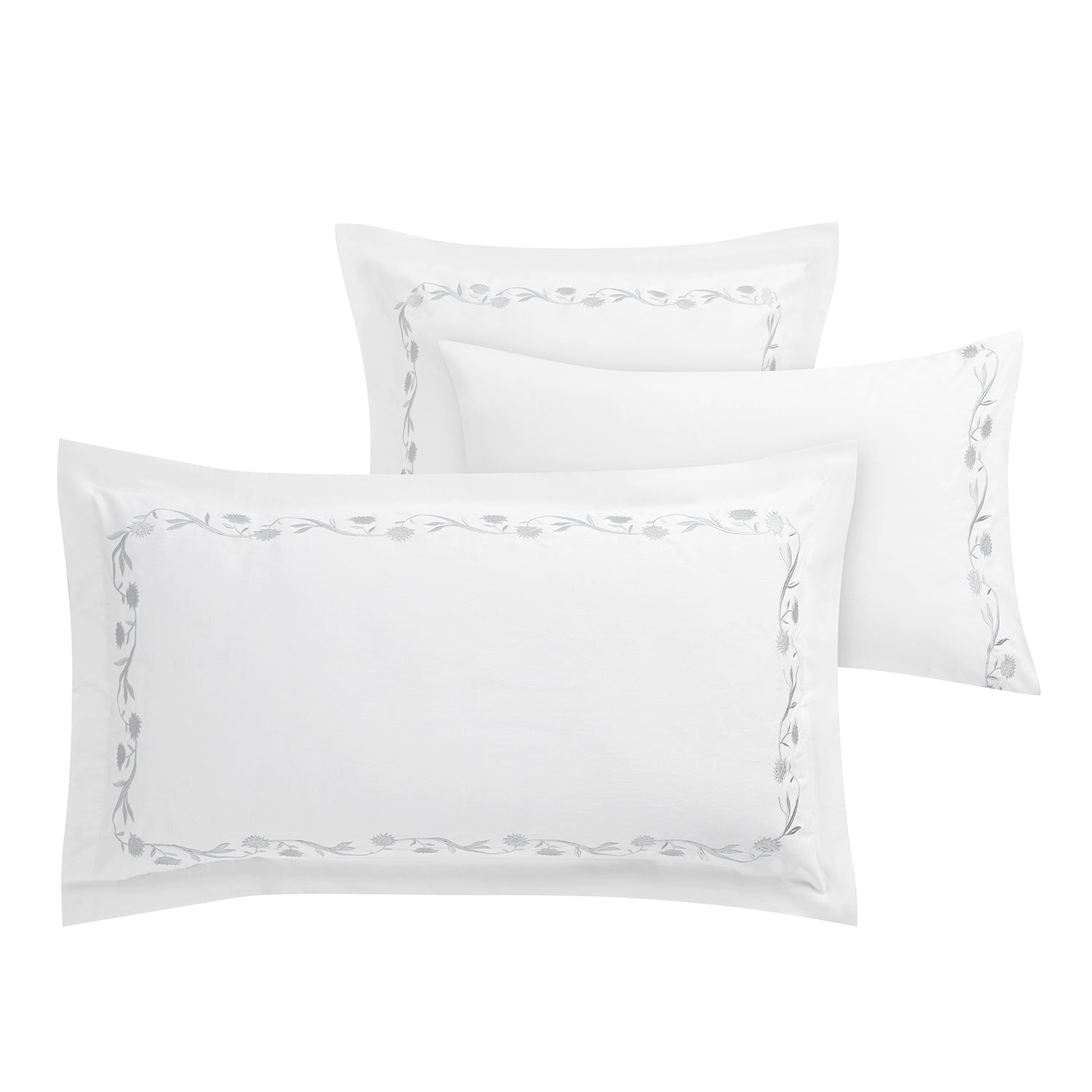 Adeline Moonshine Grey Floral Embroidered 600 Thread Count Cotton Sateen King Size Oxford Pillowcases - Pair