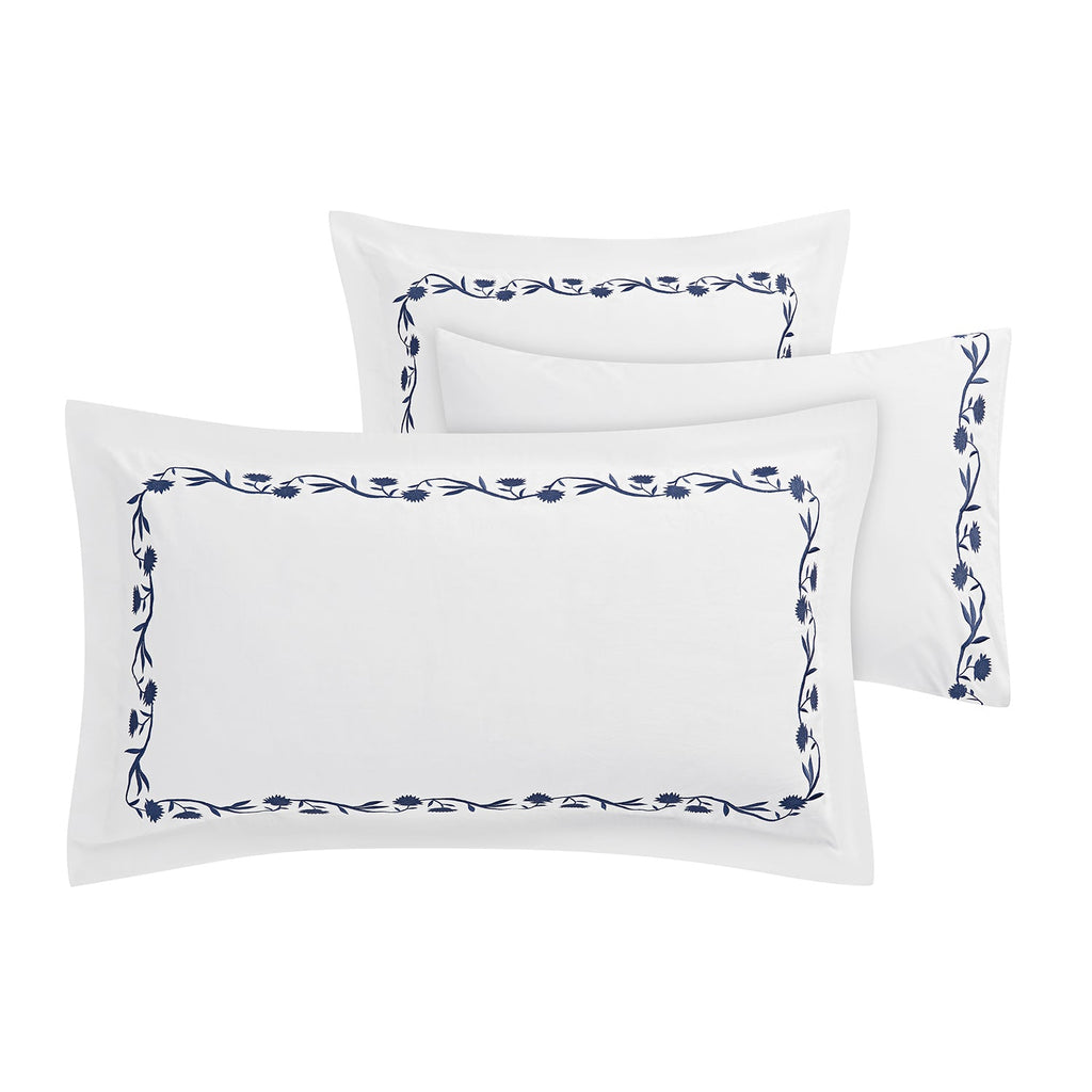 Adeline Midnight Blue Floral Embroidered 600 Thread Count Cotton Sateen King Size Oxford Pillowcases - Pair