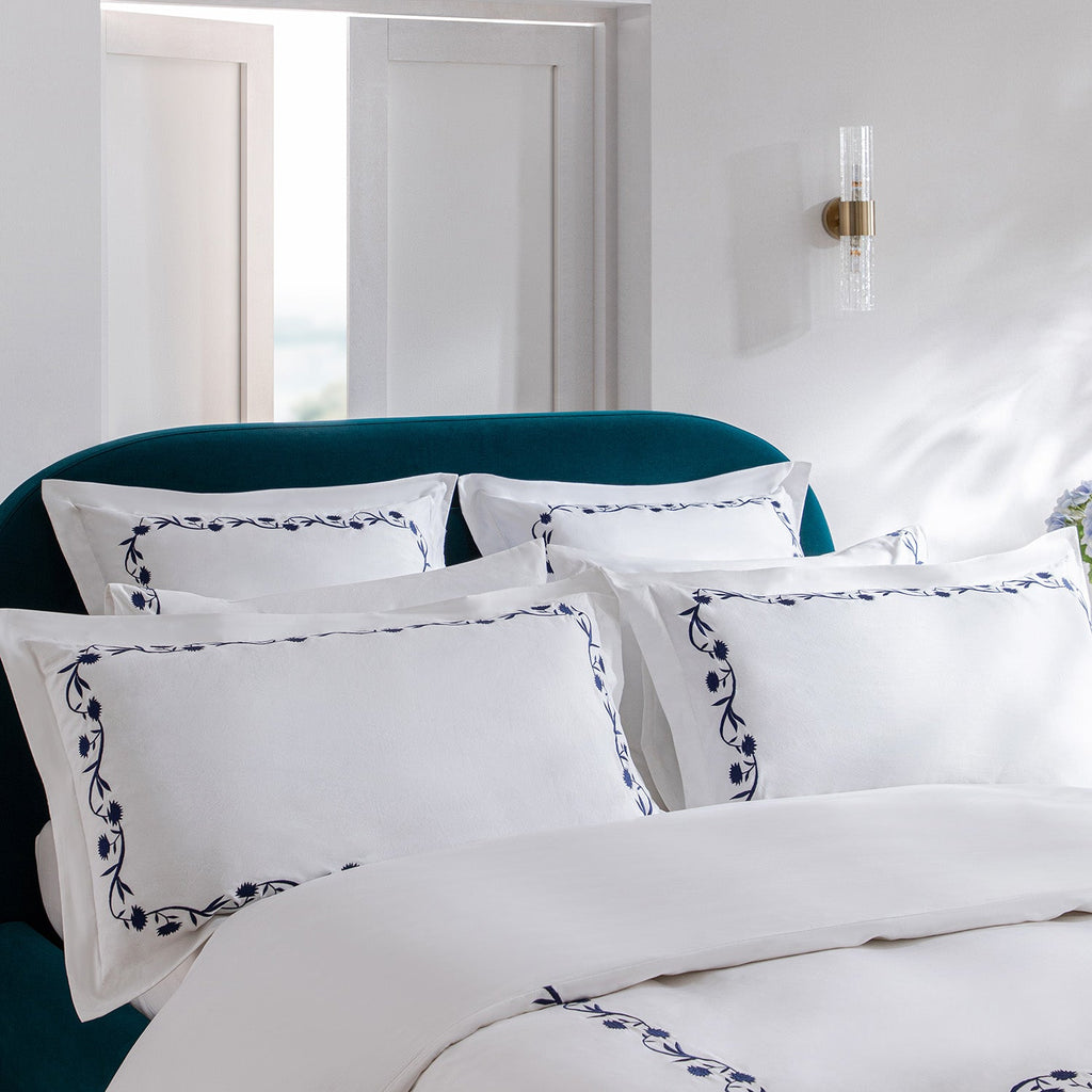 Adeline Midnight Blue Floral Embroidered 600 Thread Count Cotton Sateen King Size Oxford Pillowcases - Pair