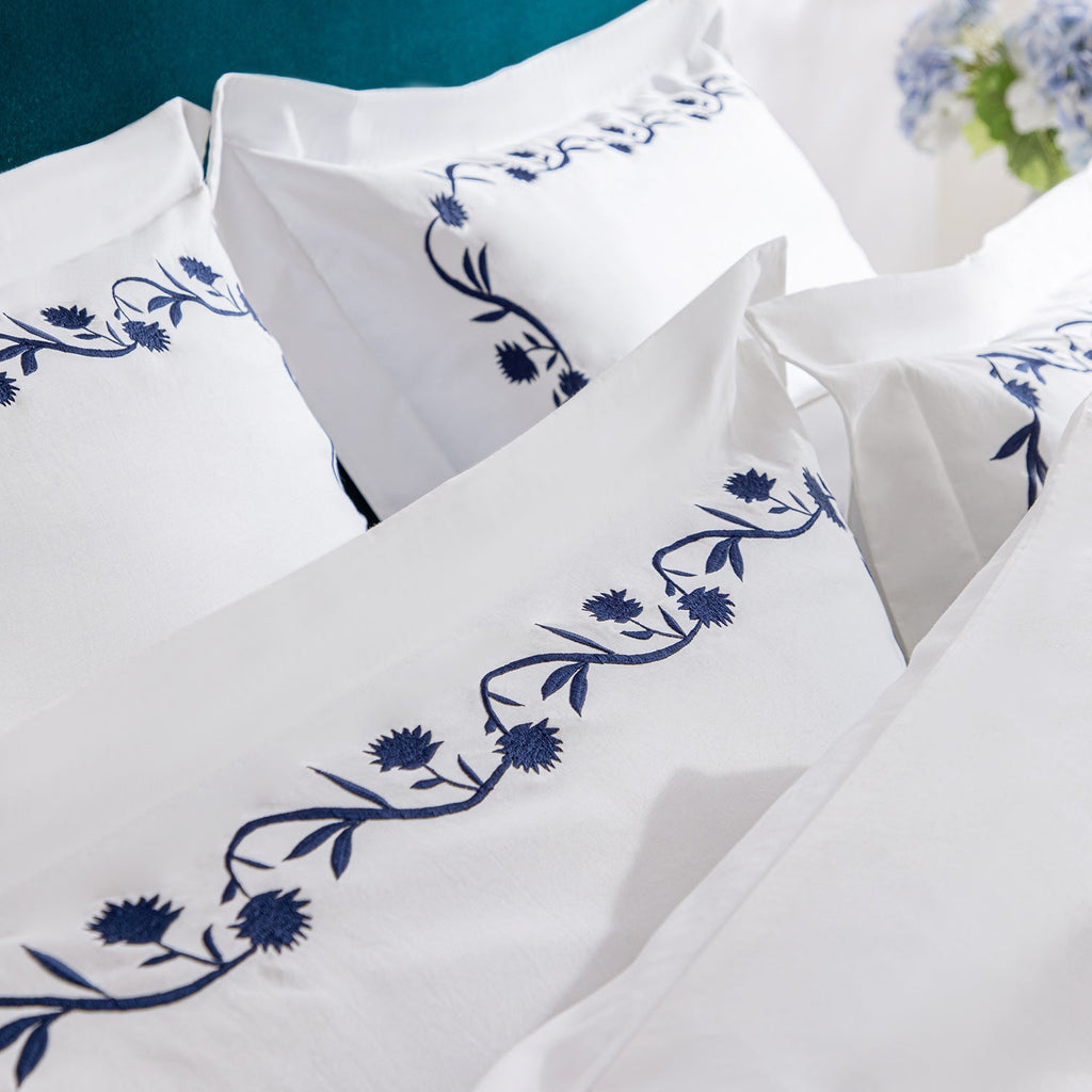 Adeline Midnight Blue Floral Embroidered 600 Thread Count Cotton Sateen King Size Oxford Pillowcases - Pair