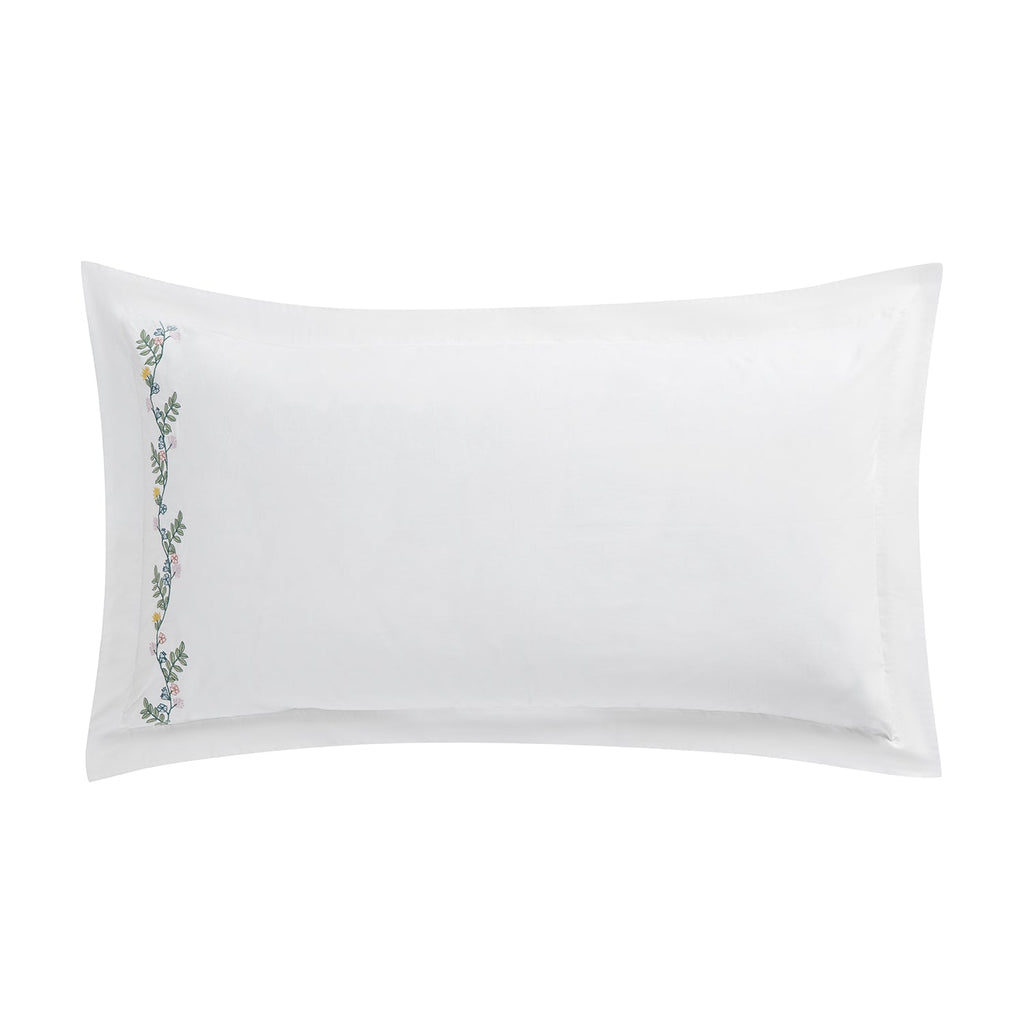 Meadow White Floral Embroidered 300 Thread Count Cotton Percale King Size Oxford Pillowcases - Pair