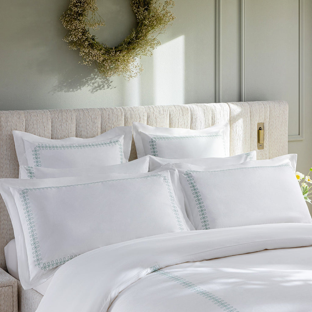 Milano Sea Spray Green Knot Embroidered 600 Thread Count Cotton Sateen King Size Oxford Pillowcases - Pair