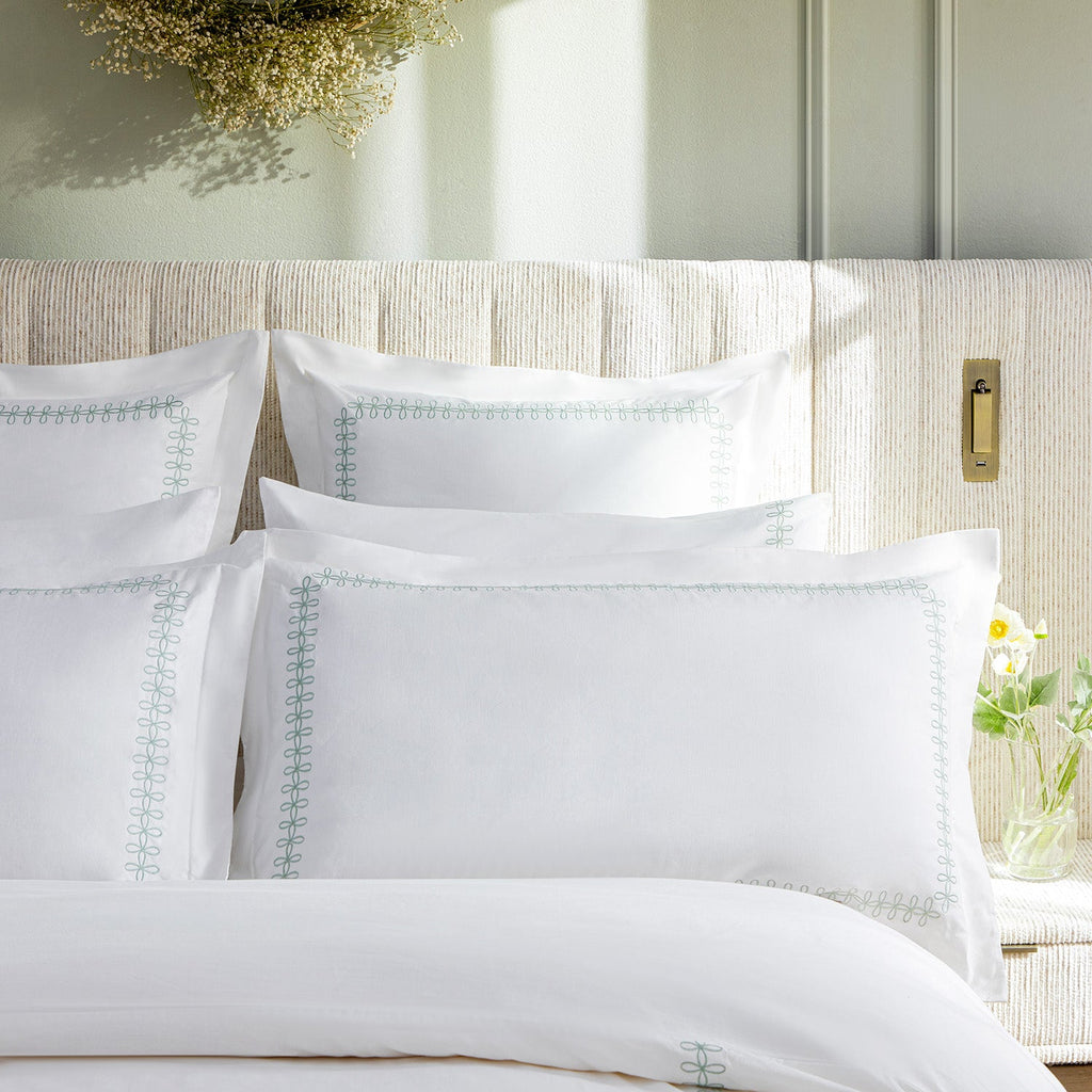 Milano Sea Spray Green Knot Embroidered 600 Thread Count Cotton Sateen King Size Oxford Pillowcases - Pair