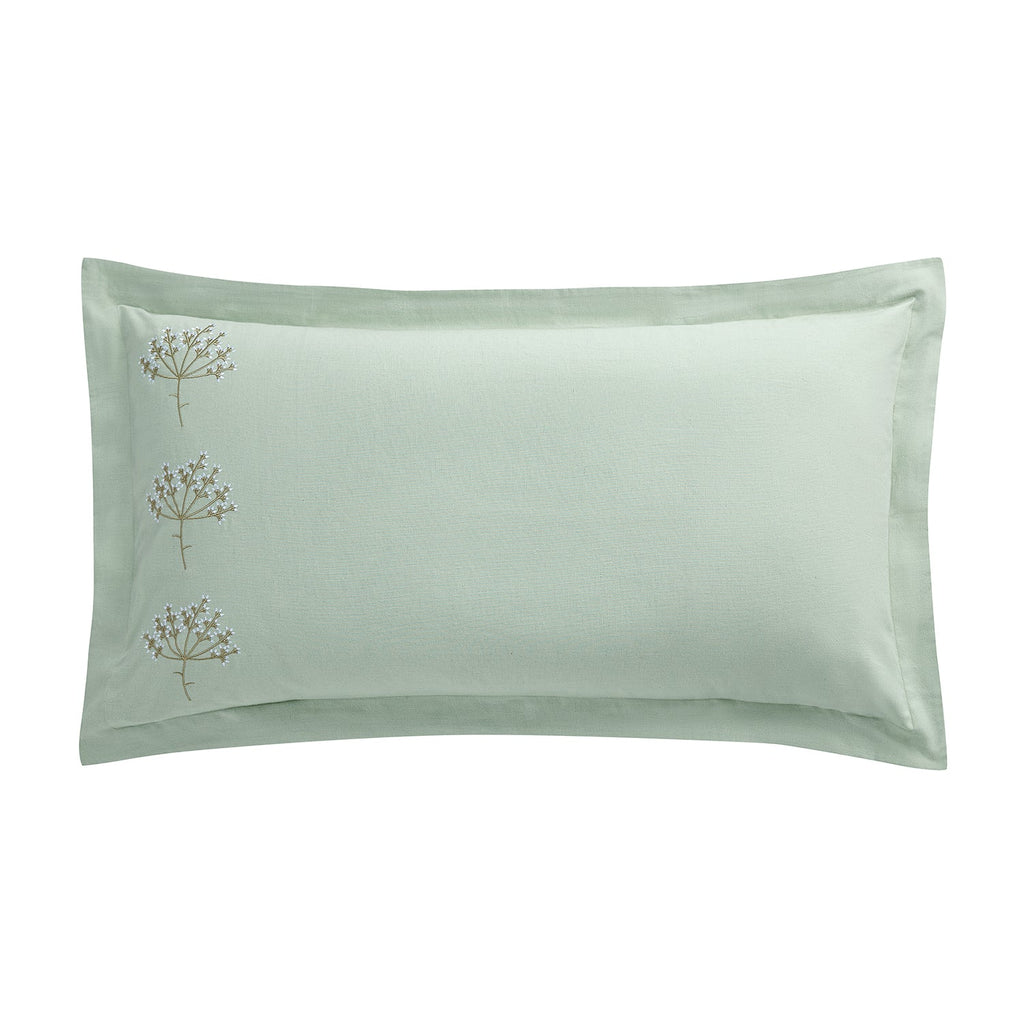 Meadow Seafoam Green Sprig Embroidered Linen Blend King Size Oxford Pillowcases - Pair